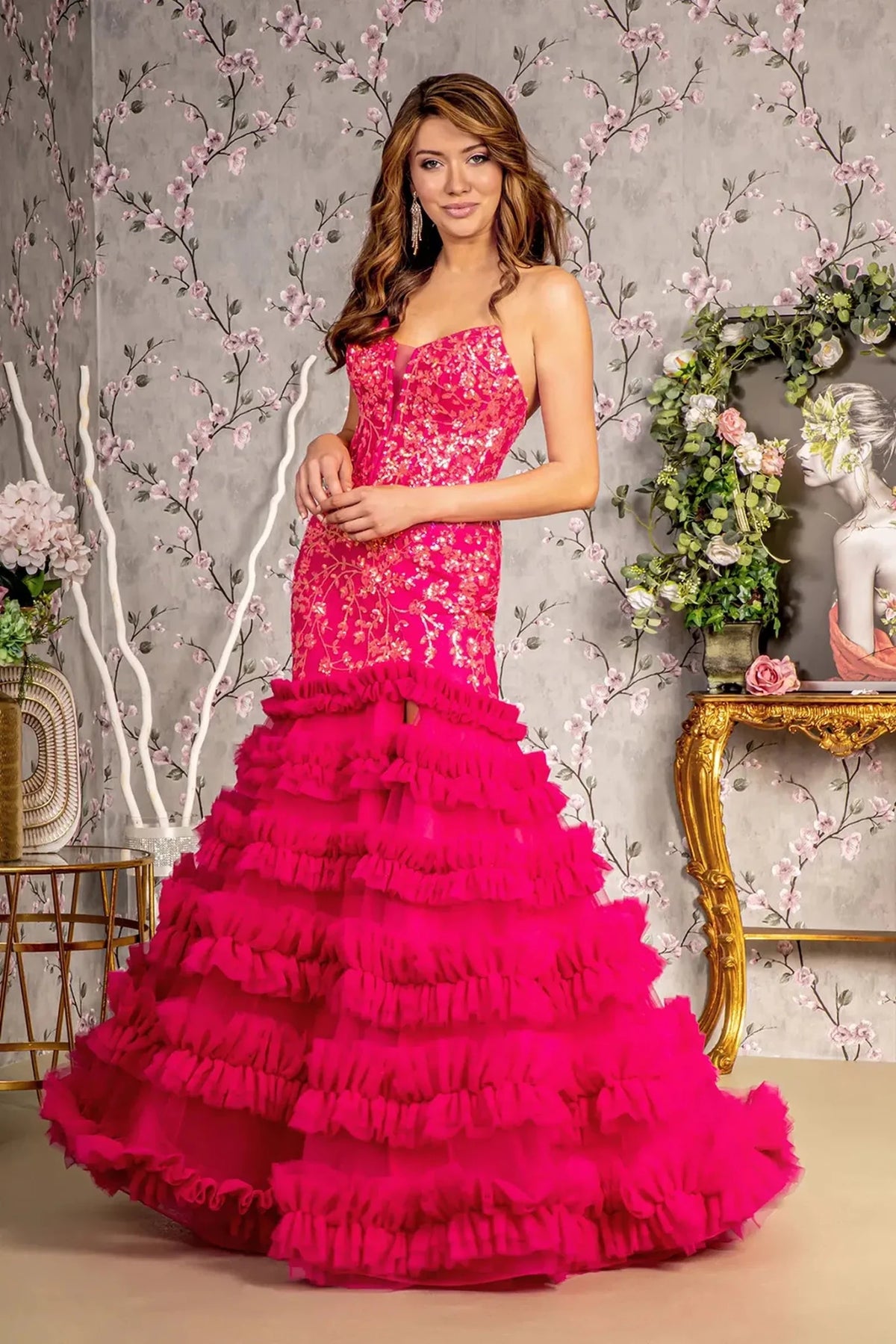 Fuchsia sequin strapless prom evening dress full front
