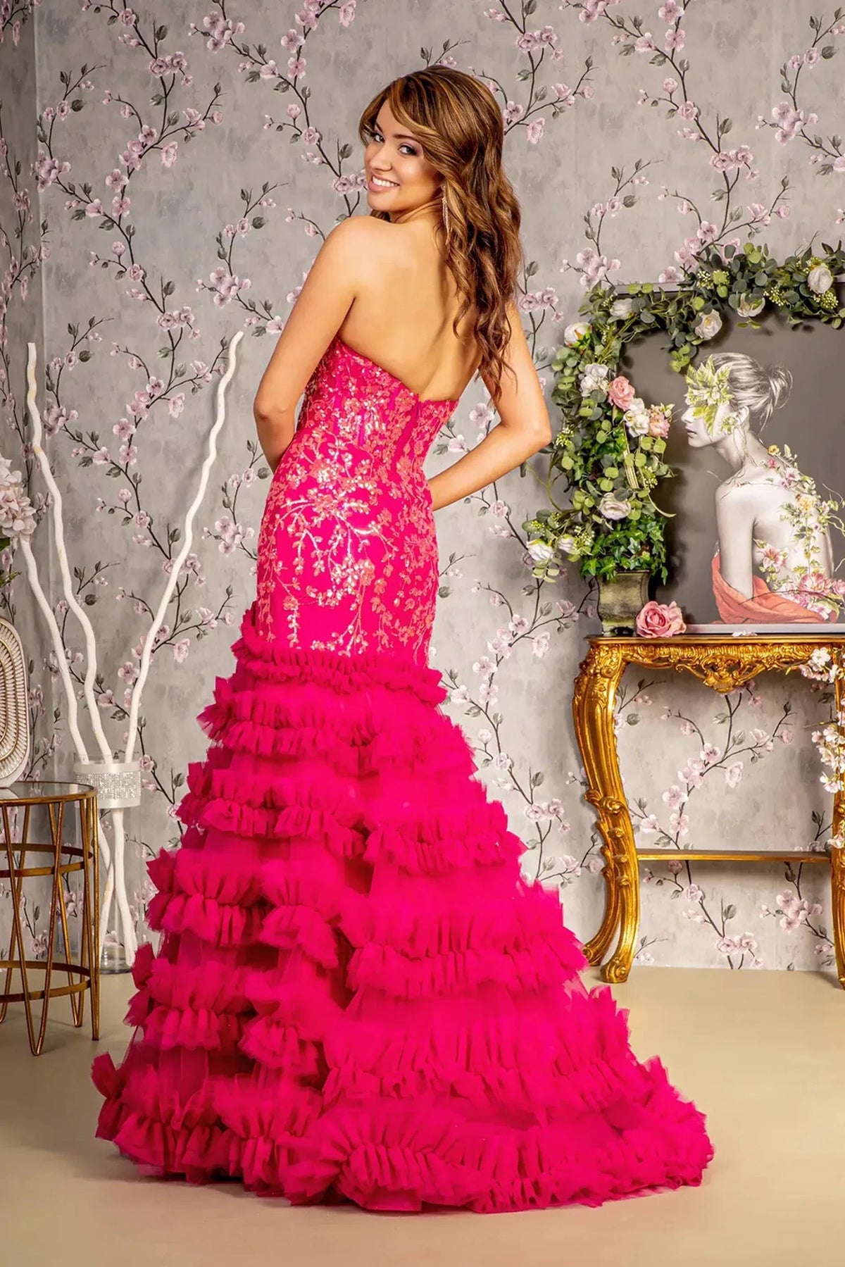 Fuchsia prom evening dress full back with open back