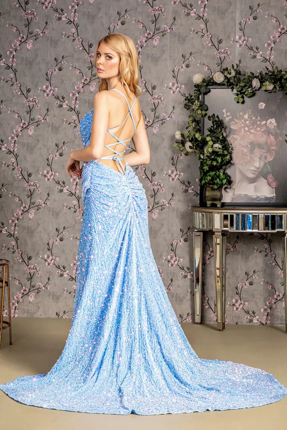 Perry Blue prom evening dress full back with lace-up back