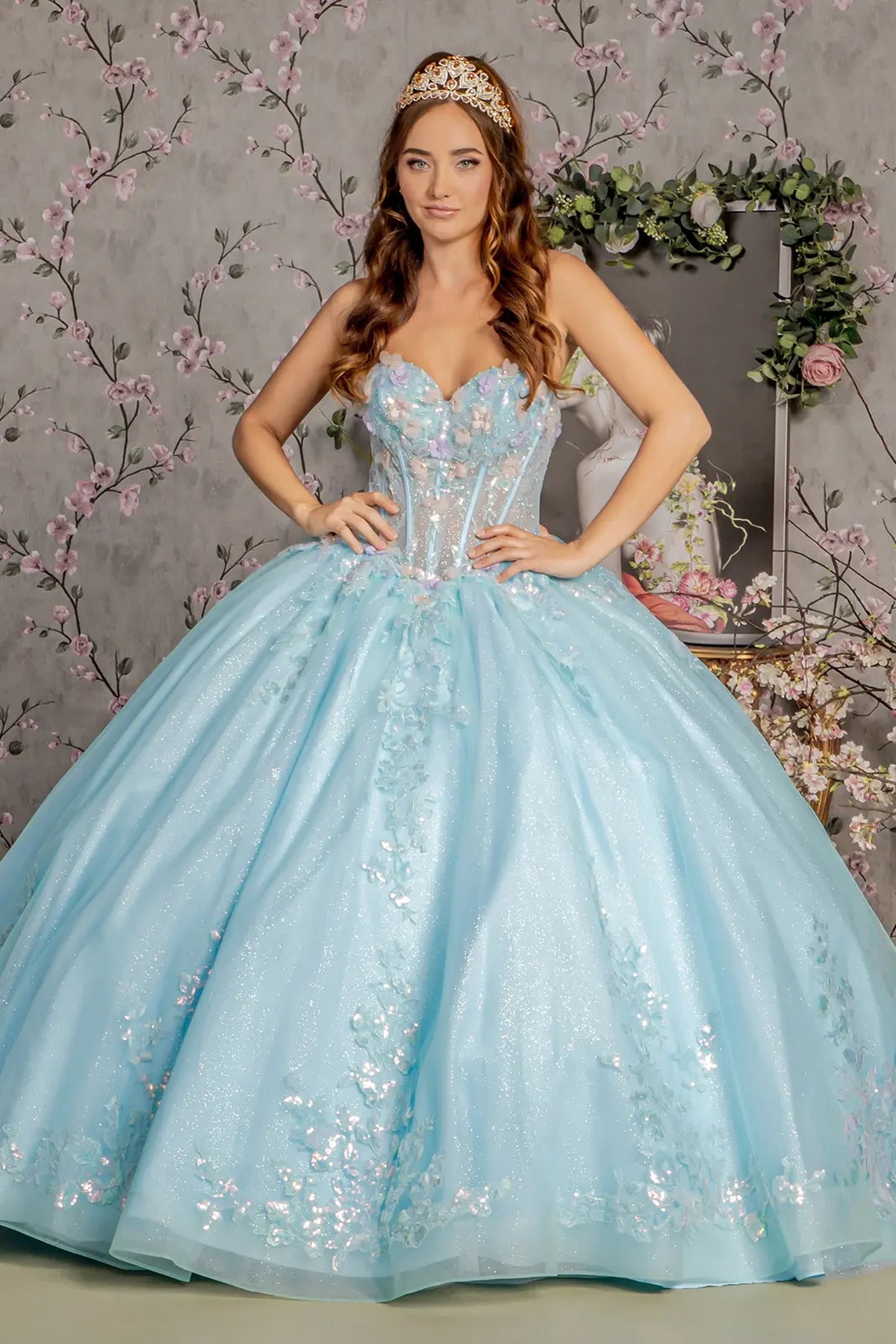 Lace-up back reveals the Tiffany Blue quinceañera ball gown with lace-up back and sheer sweetheart bodice.