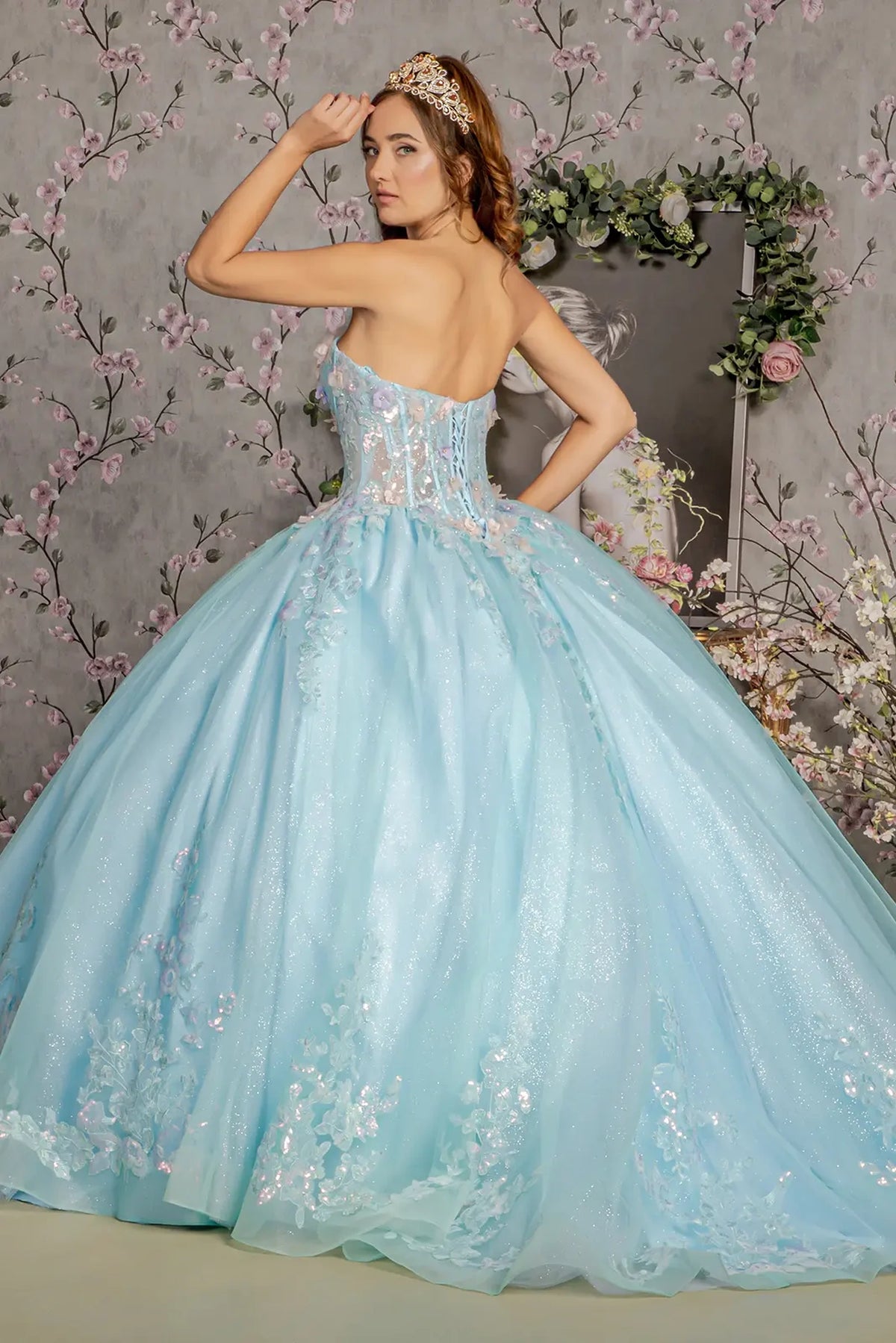Bodice close-up highlights the Tiffany Blue quinceañera ball gown with sheer sweetheart bodice.