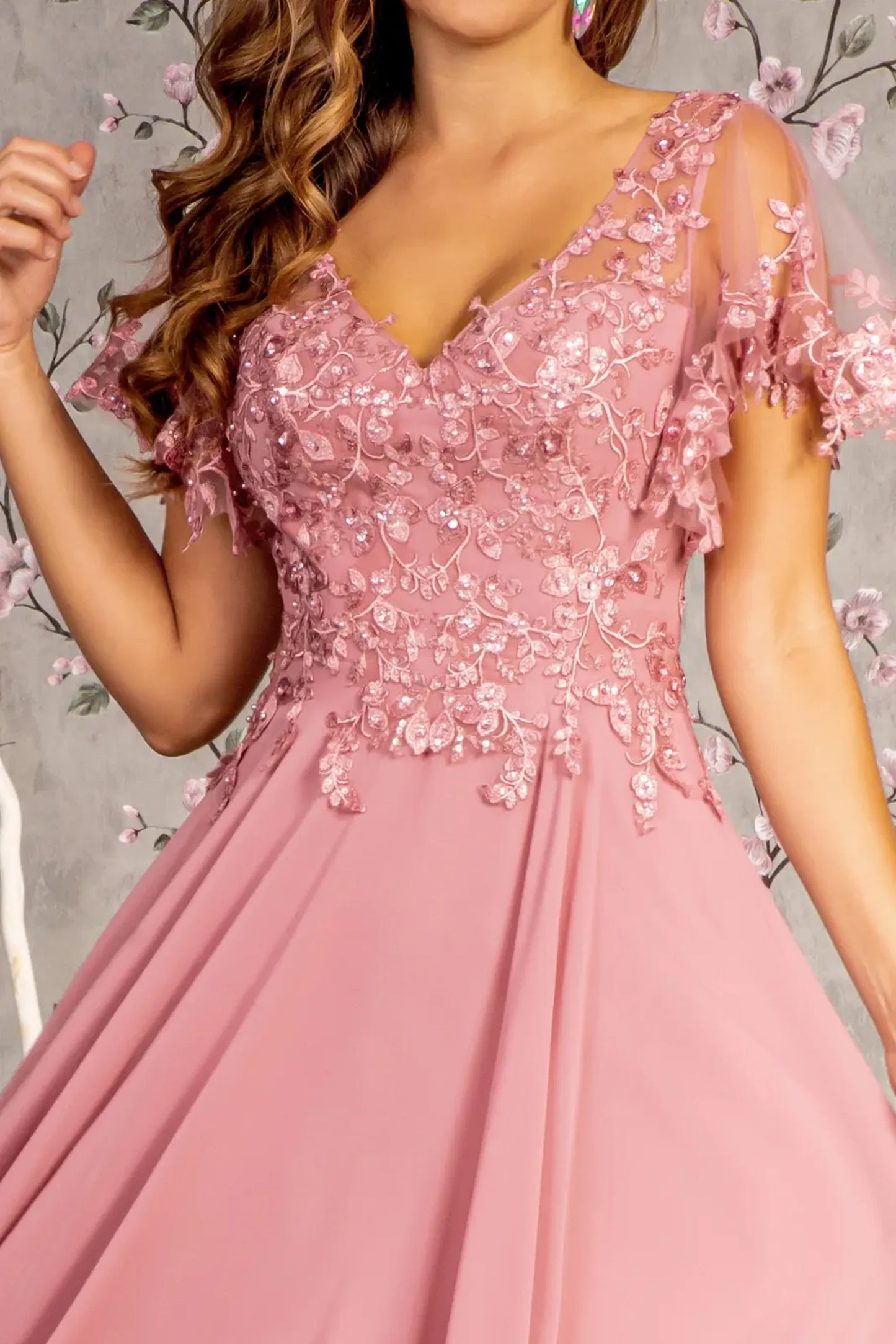 Dusty Rose mother of the bride dress featuring sweetheart bodice with short sleeve and applique, beads, embroidery, sequin