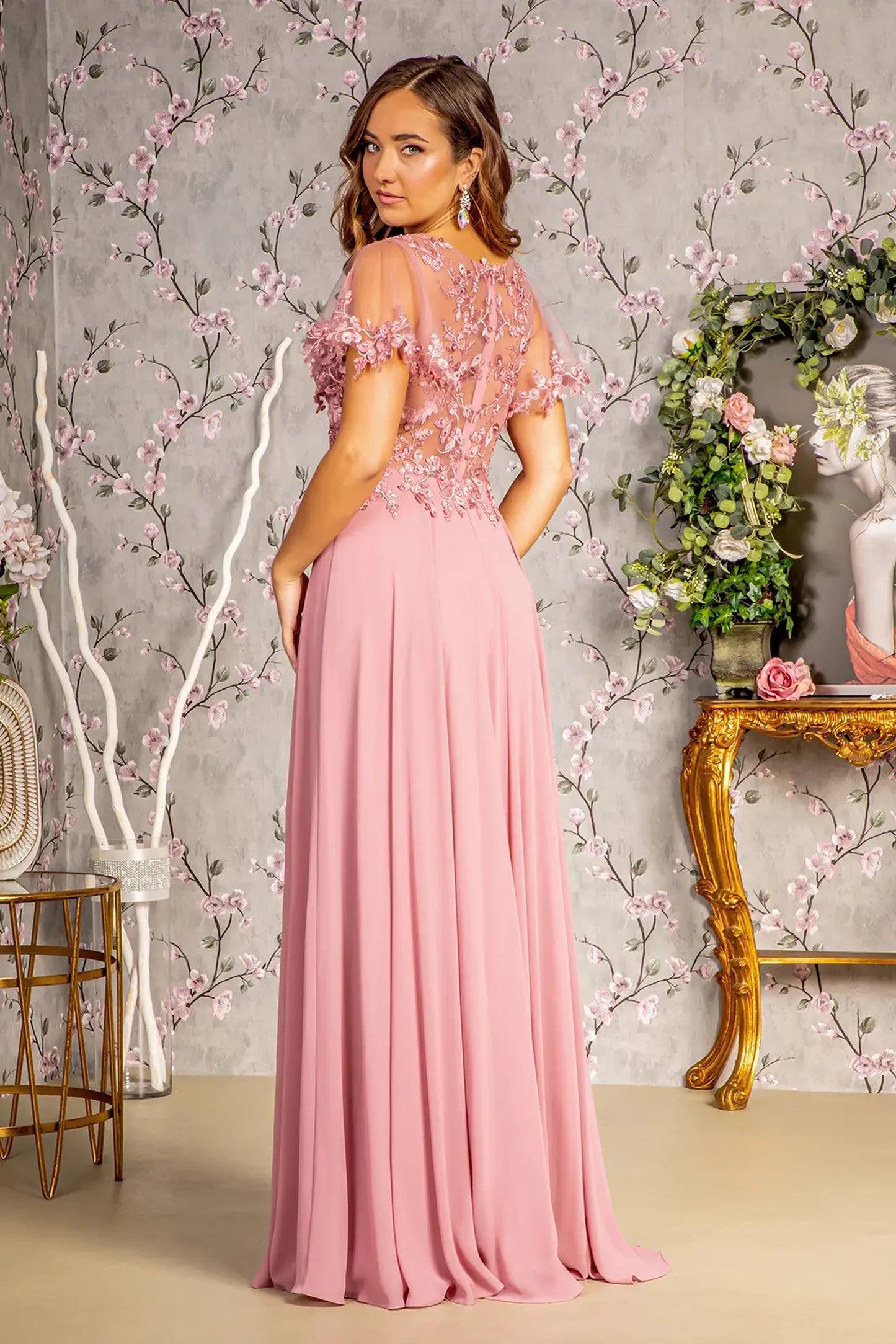 Dusty Rose a-line mother of the bride dress with open back and short sleeve
