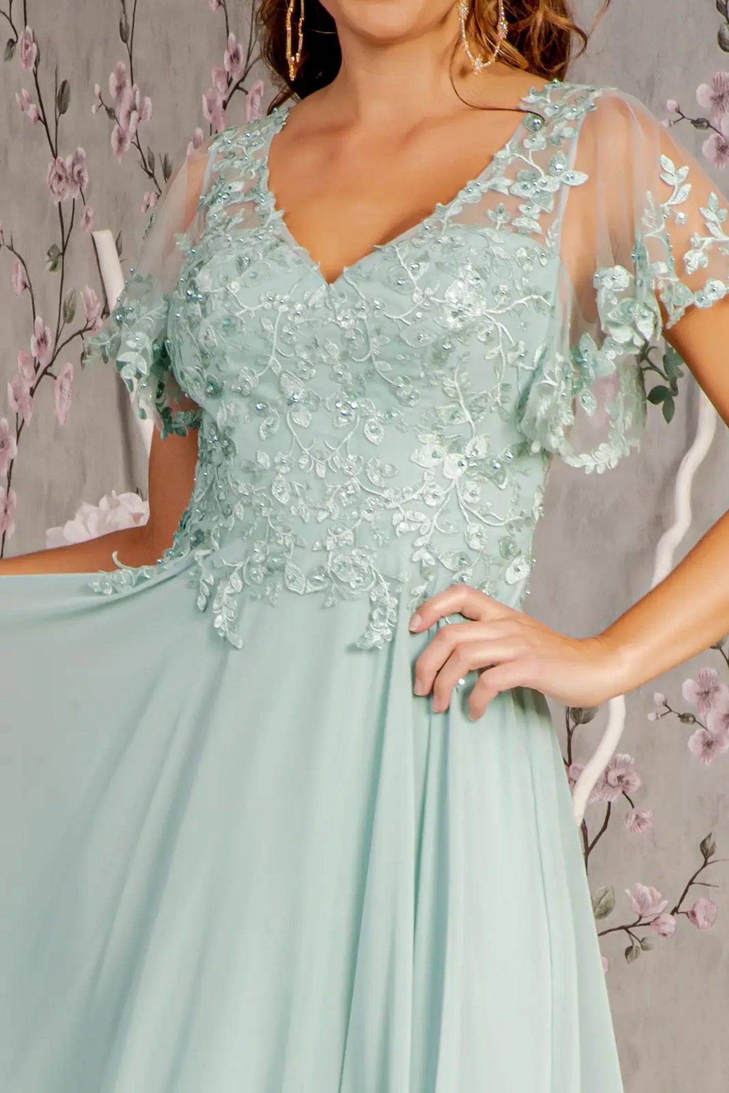 Sage mother of the bride dress featuring sweetheart bodice with short sleeve and applique, beads, embroidery, sequin