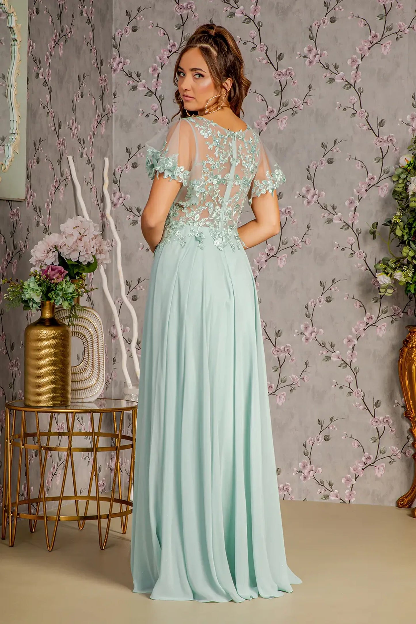 Sage a-line mother of the bride dress with open back and short sleeve