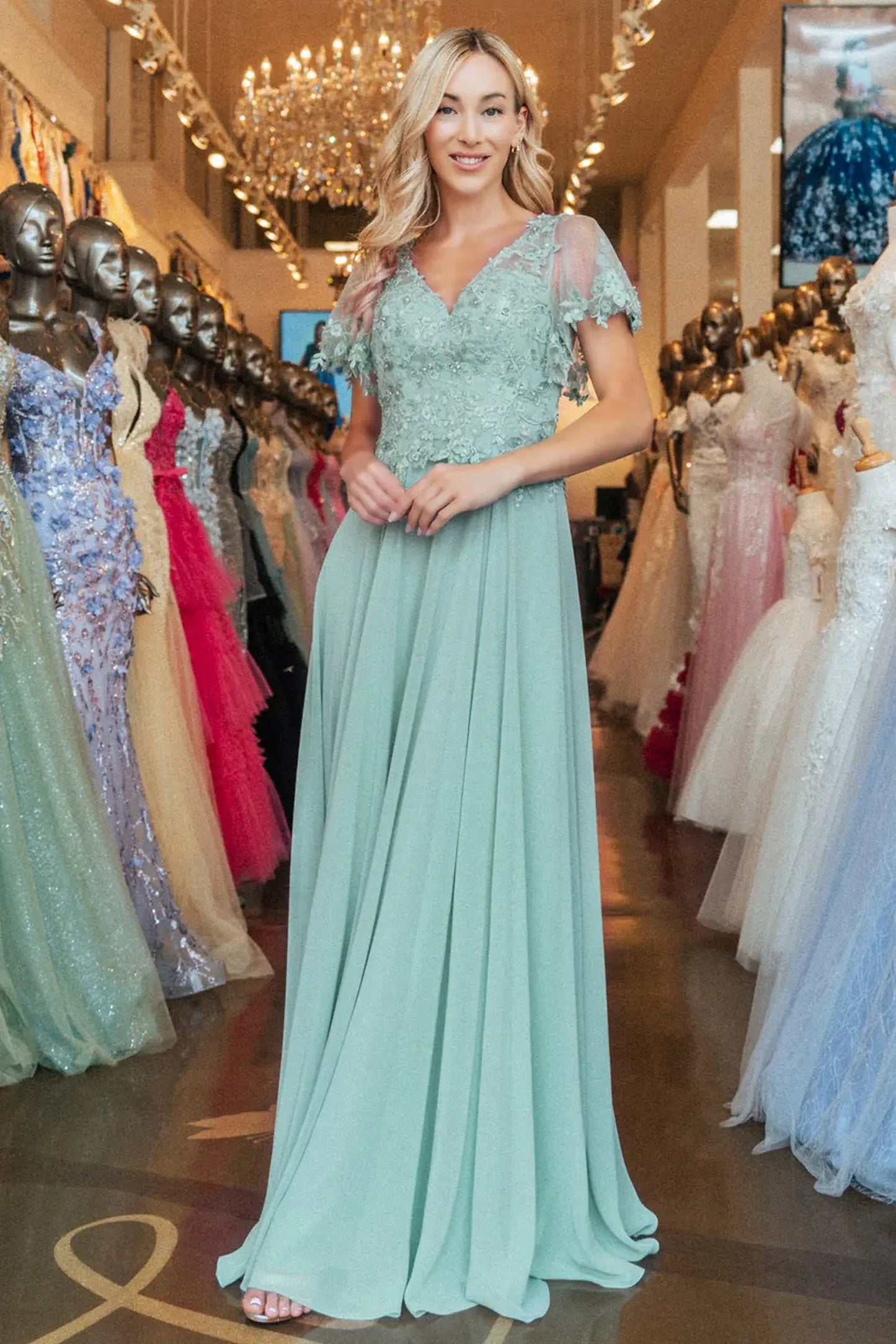 Dusty Rose mother of the bride dress featuring chiffon skirt with a-line shaping and applique, beads, embroidery, sequin
