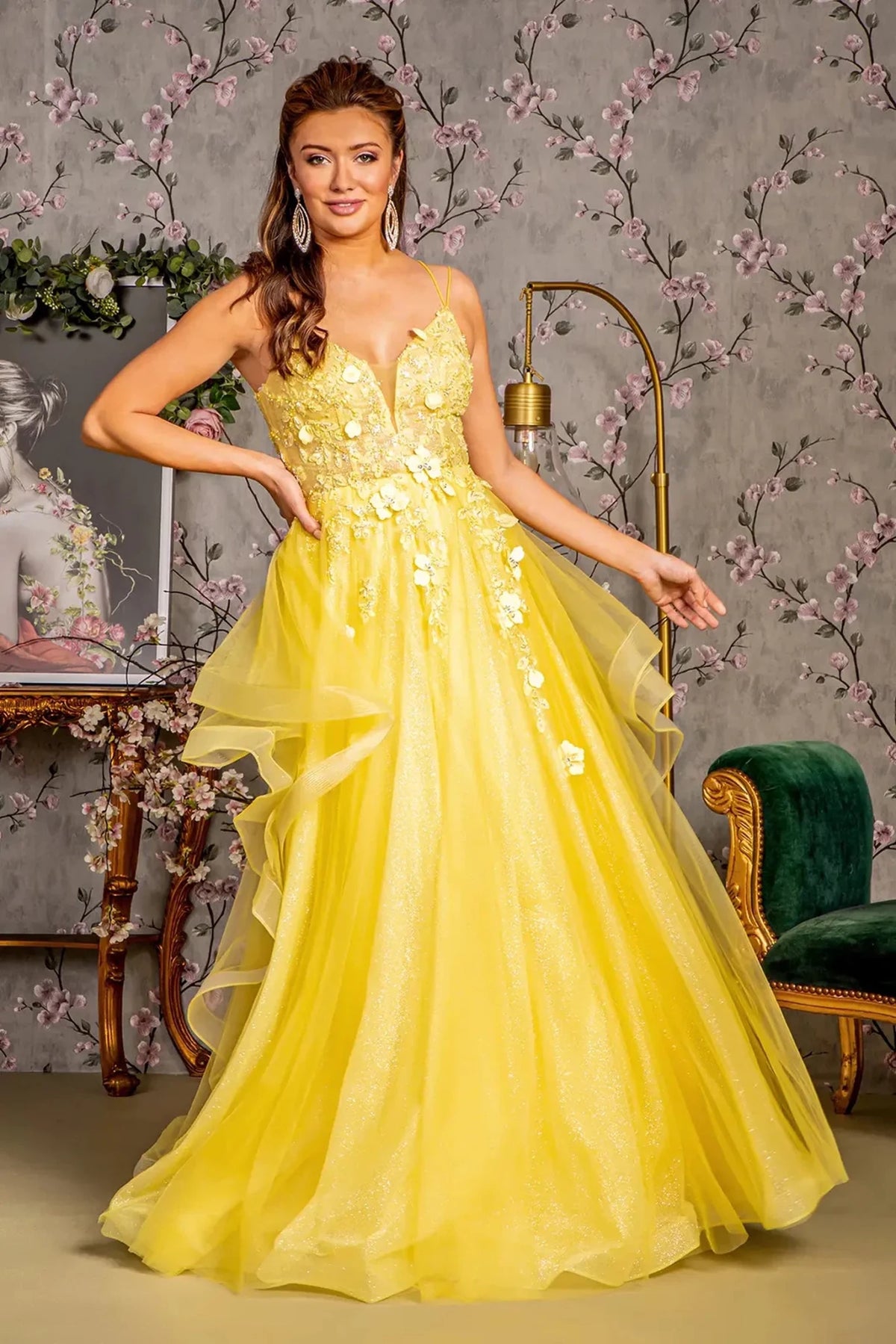 Yellow appliqué prom evening dress full front