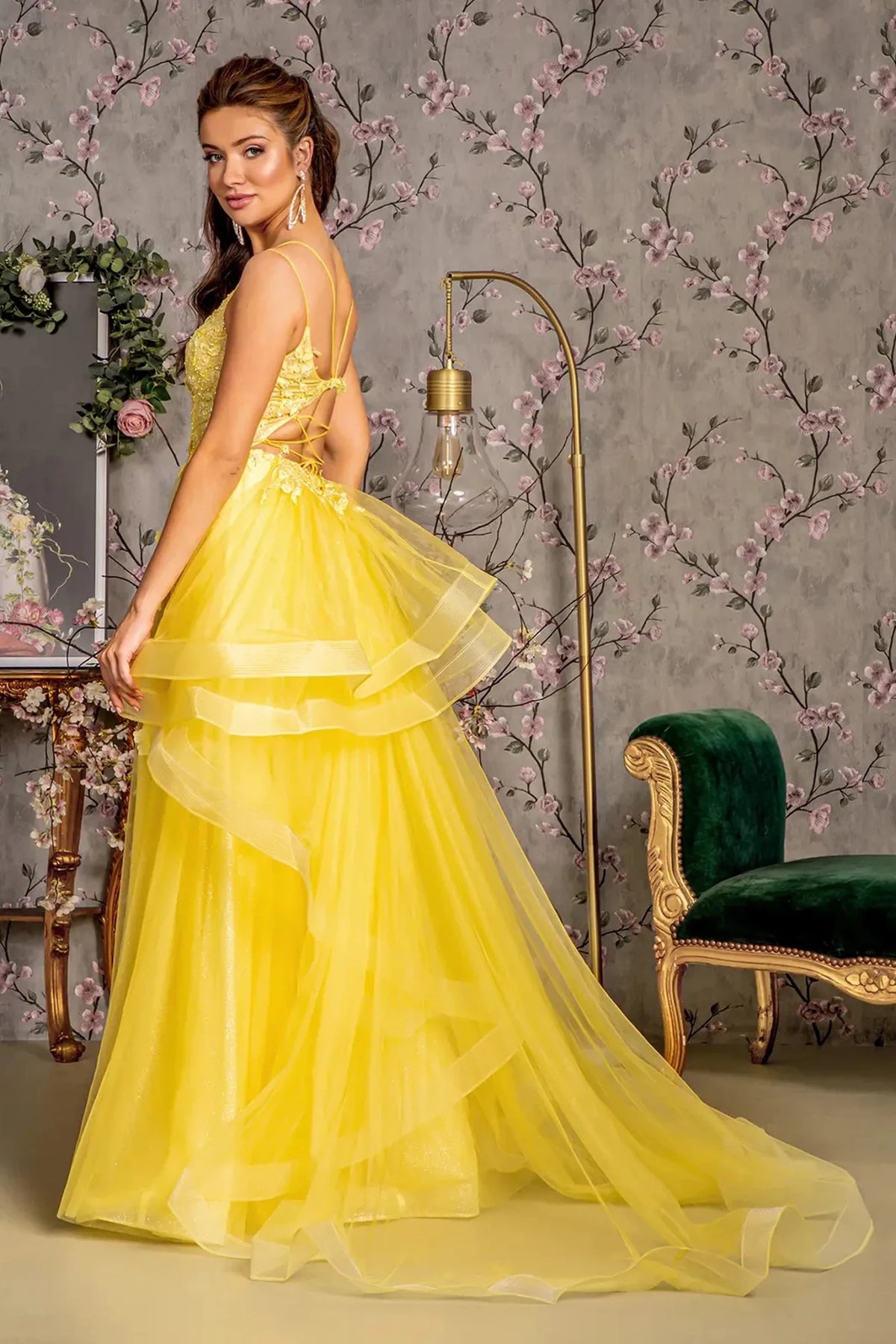 Yellow prom evening dress full back with lace-up back