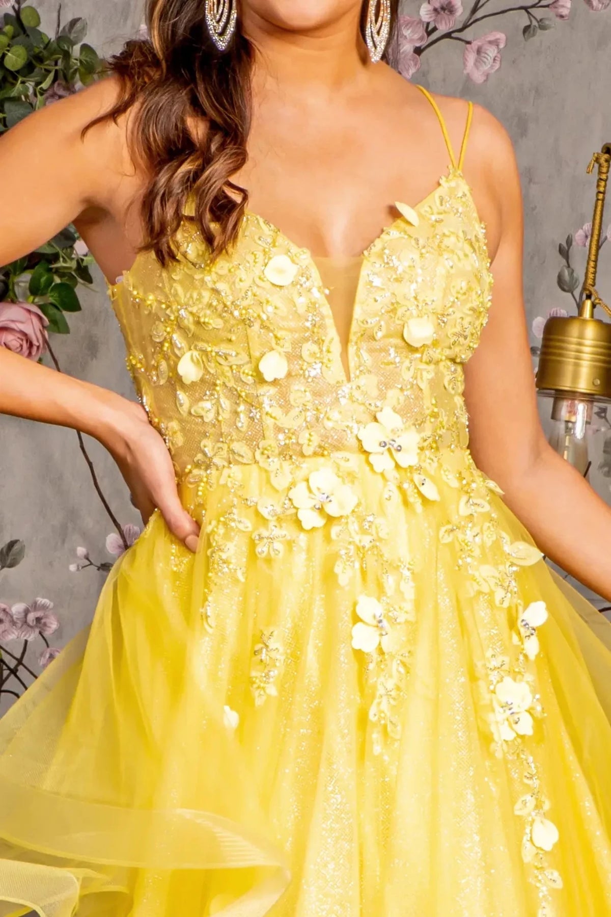 Yellow illusion sweetheart prom evening dress upper front with applique, beads, embroidery, glitter, jewel, sequin