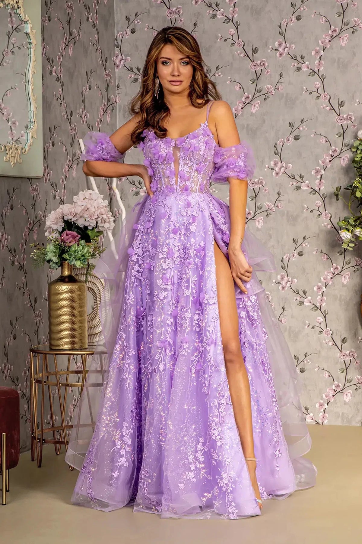 Lilac appliqué prom evening dress full front
