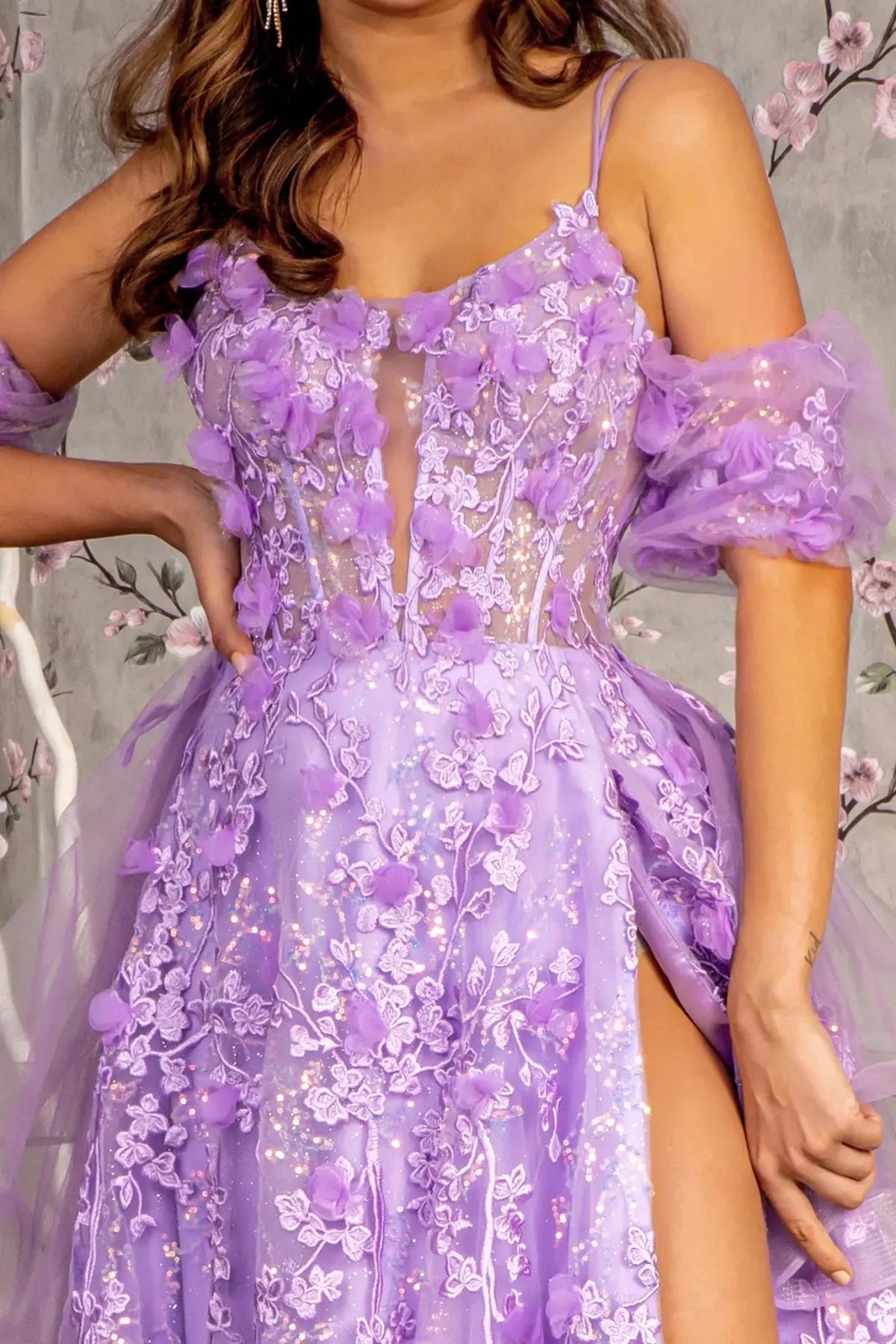 Lilac prom evening dress full back with lace-up back
