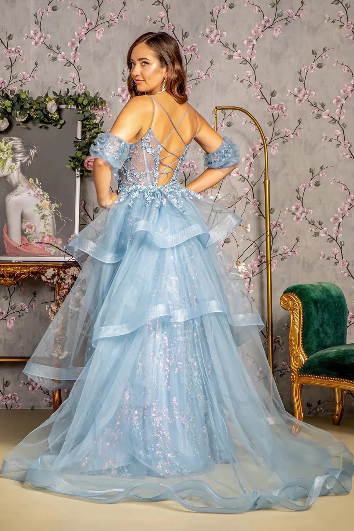 Smoky Blue prom evening dress full back with lace-up back