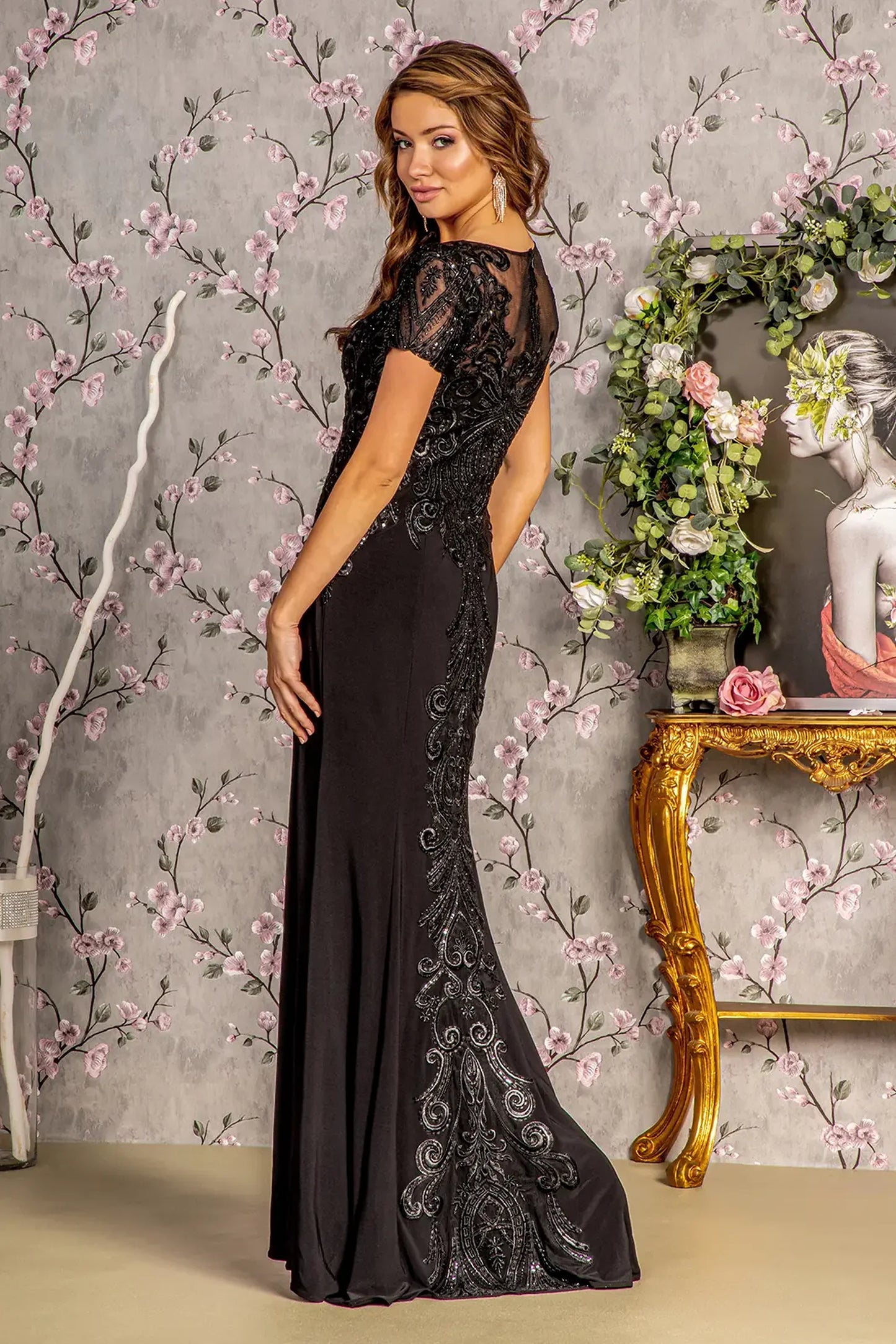 Black mermaid mother of the bride dress with concealed zipper back and short sleeve