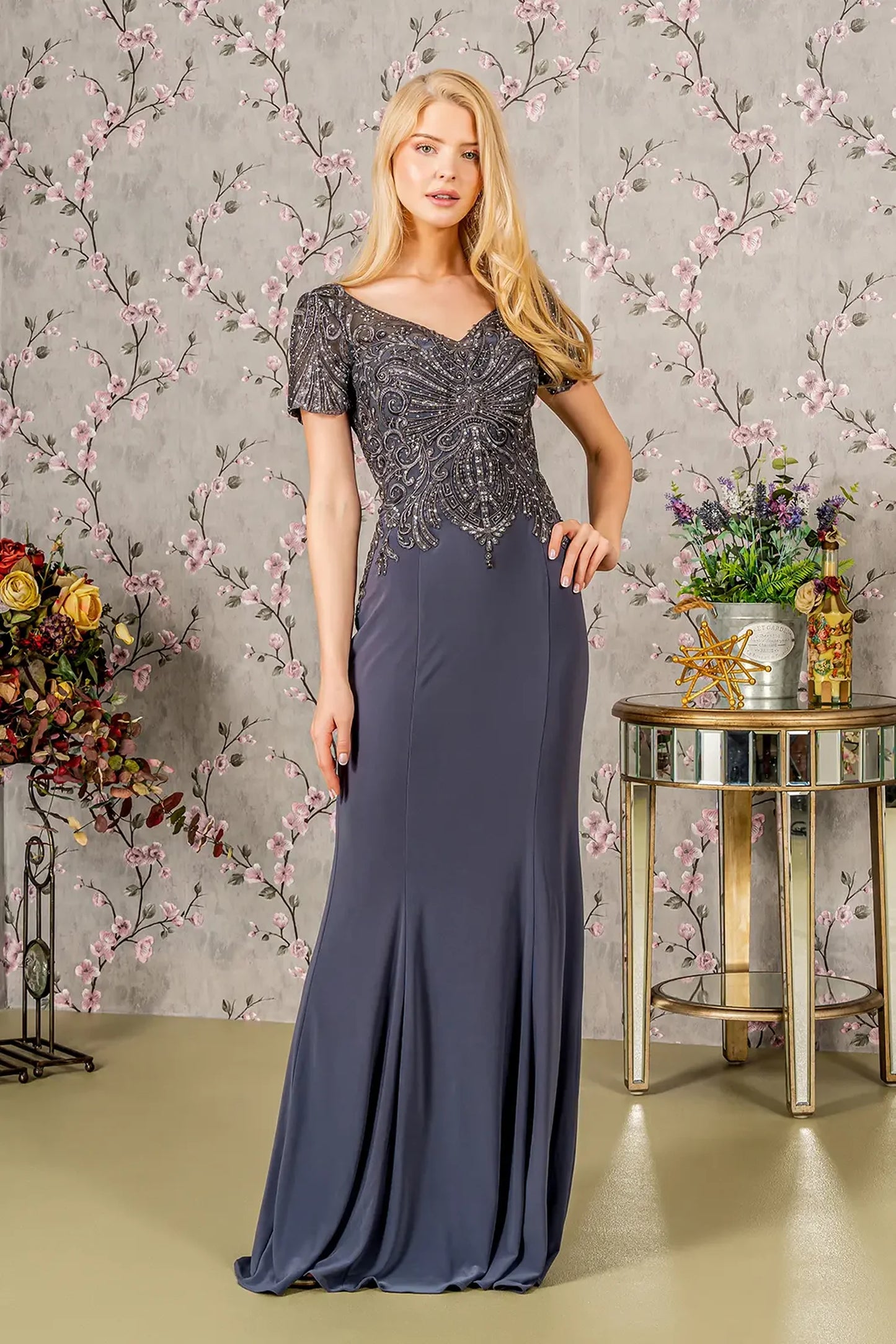 Charcoal rome jersey mermaid mother of the bride dress with v-neck