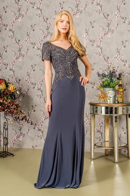 Detailed view highlights charcoal rome jersey mermaid mother of the bride dress with v-neck.