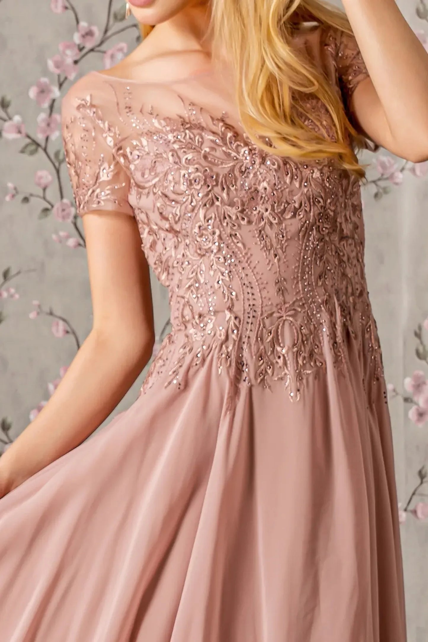 Dusty Rose chiffon a-line mother of the bride dress with boat-neck