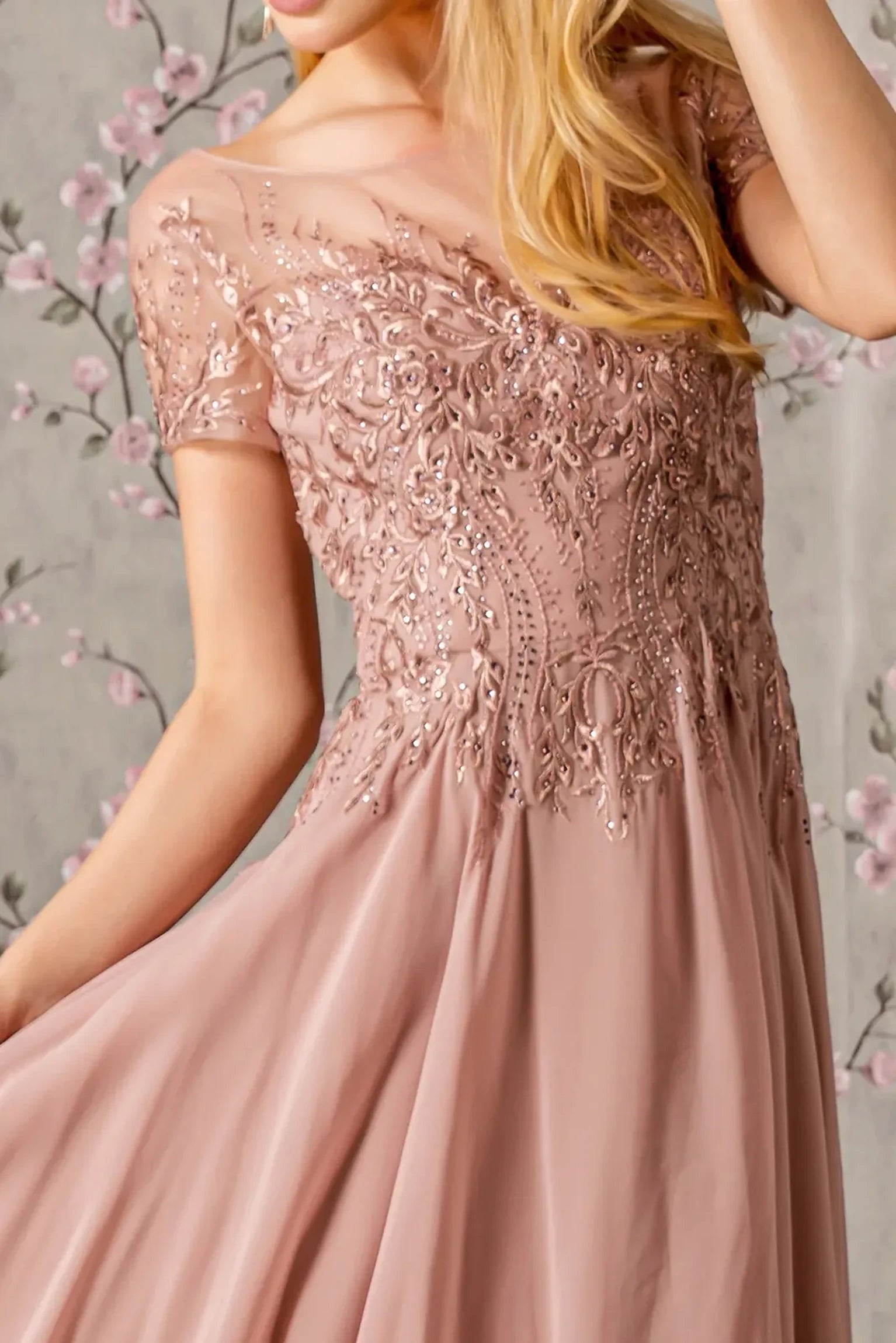 Dusty Rose chiffon a-line mother of the bride dress with boat-neck