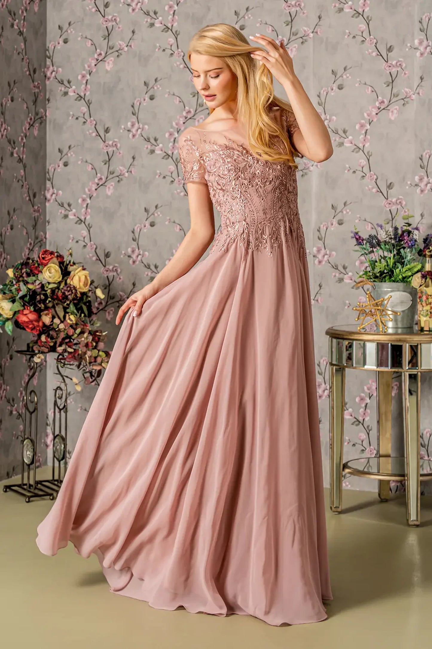 Dusty Rose a-line mother of the bride dress with concealed zipper back and short sleeve