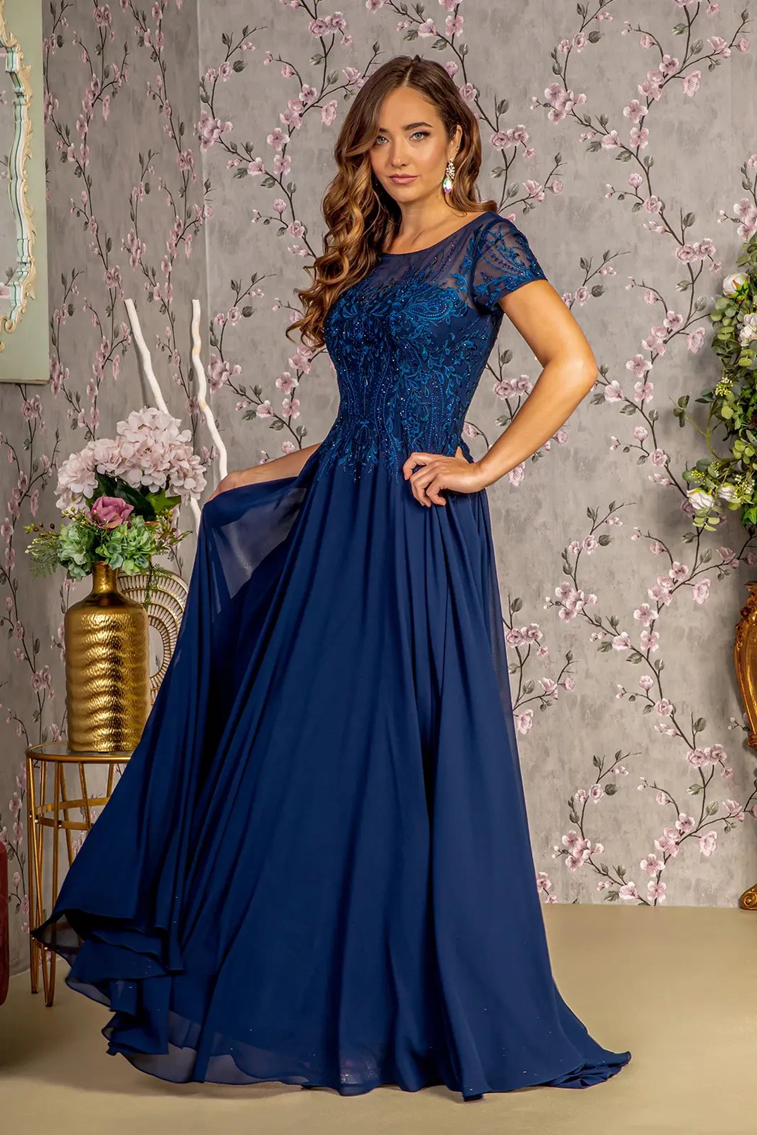 Navy chiffon a-line mother of the bride dress with boat-neck
