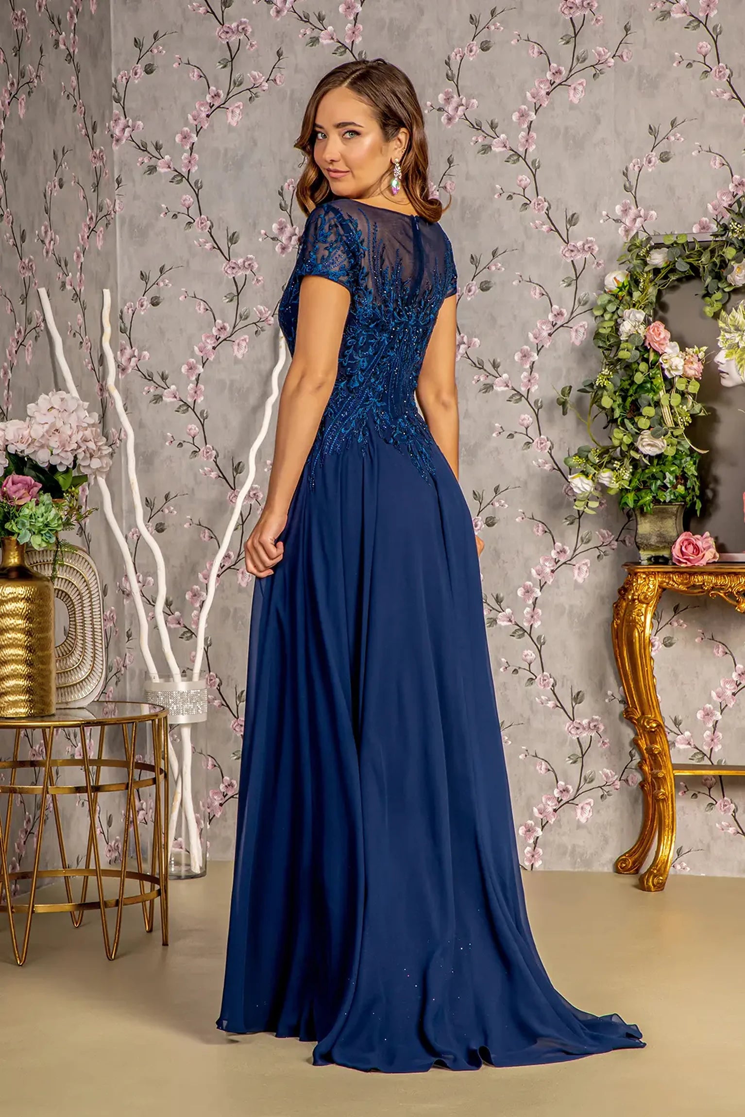 Navy a-line mother of the bride dress with concealed zipper back and short sleeve