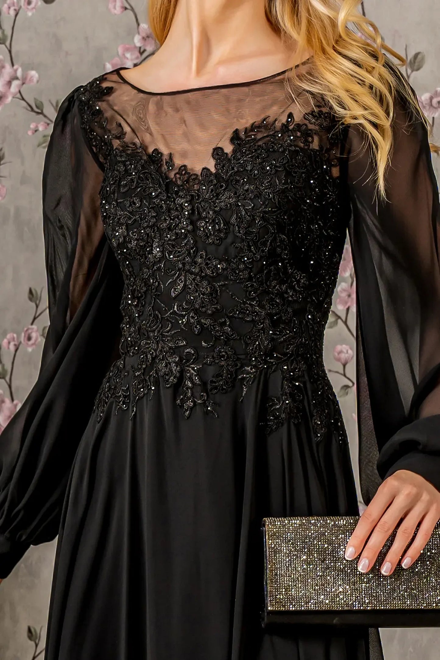 Black a-line mother of the bride dress with concealed zipper back and long sleeve