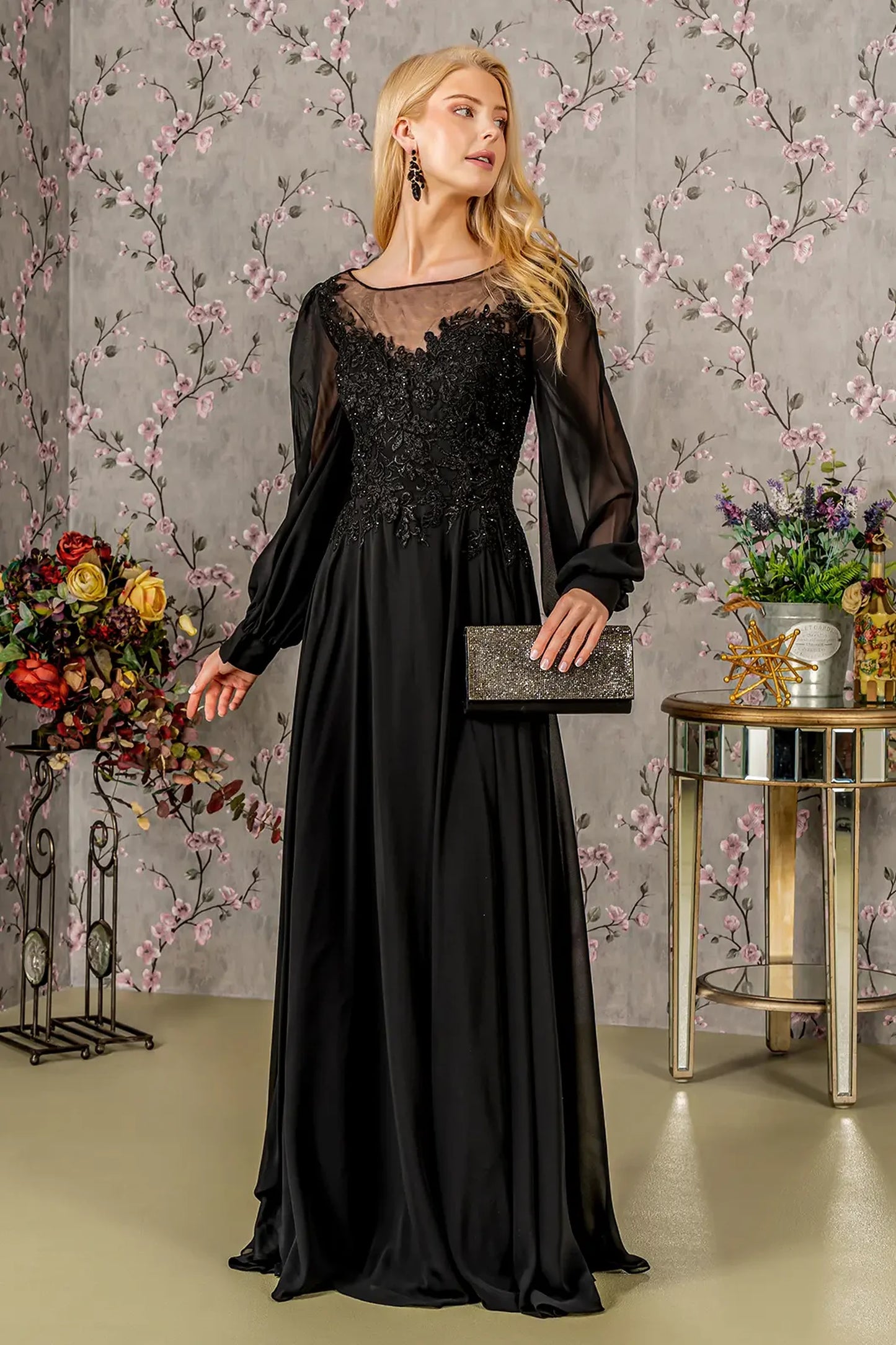 Black chiffon a-line mother of the bride dress with boat-neck