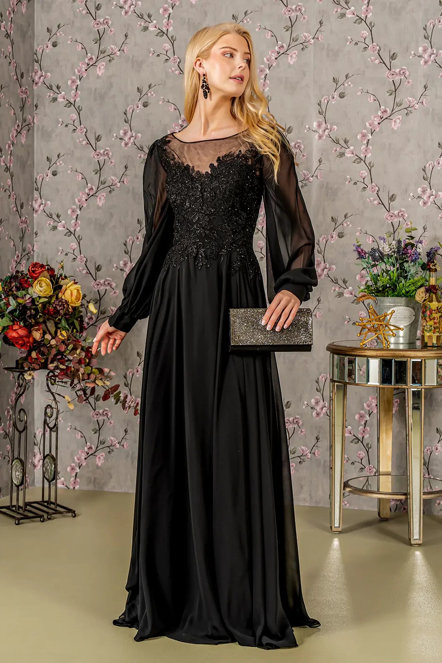 Black chiffon a-line mother of the bride dress with boat-neck