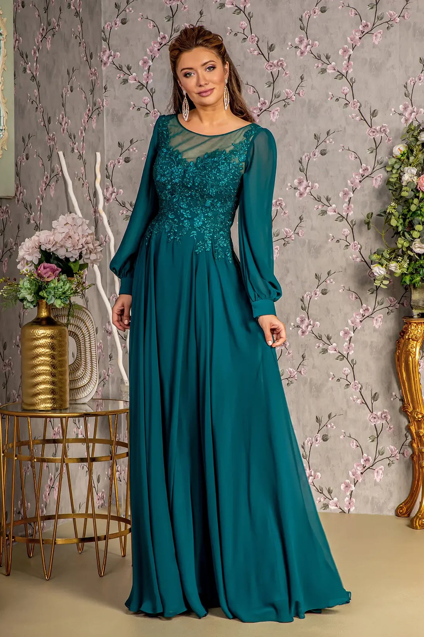 Teal chiffon a-line mother of the bride dress with boat-neck
