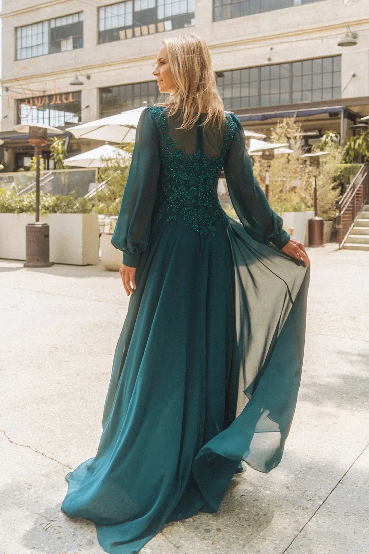Teal a-line mother of the bride dress with concealed zipper back and long sleeve