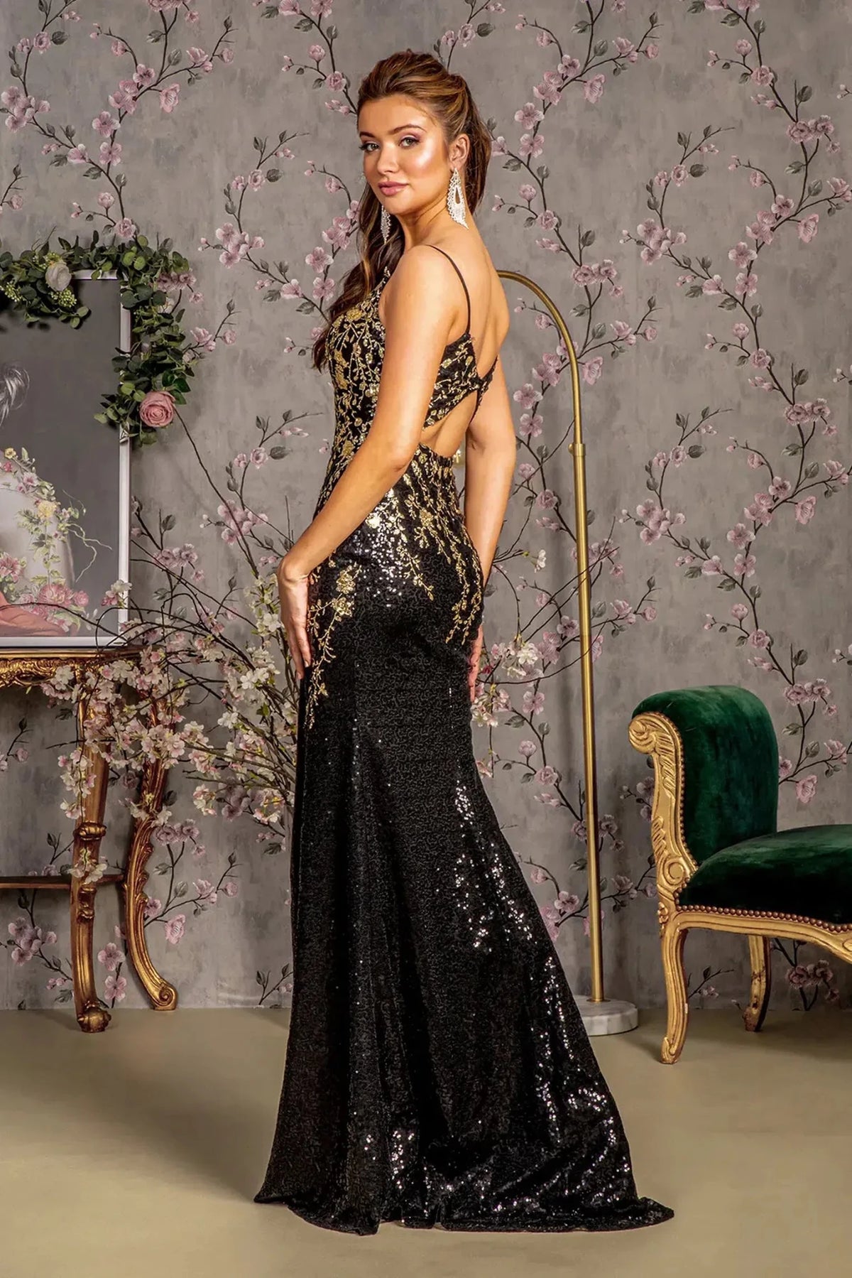 Black prom evening dress full back with open back
