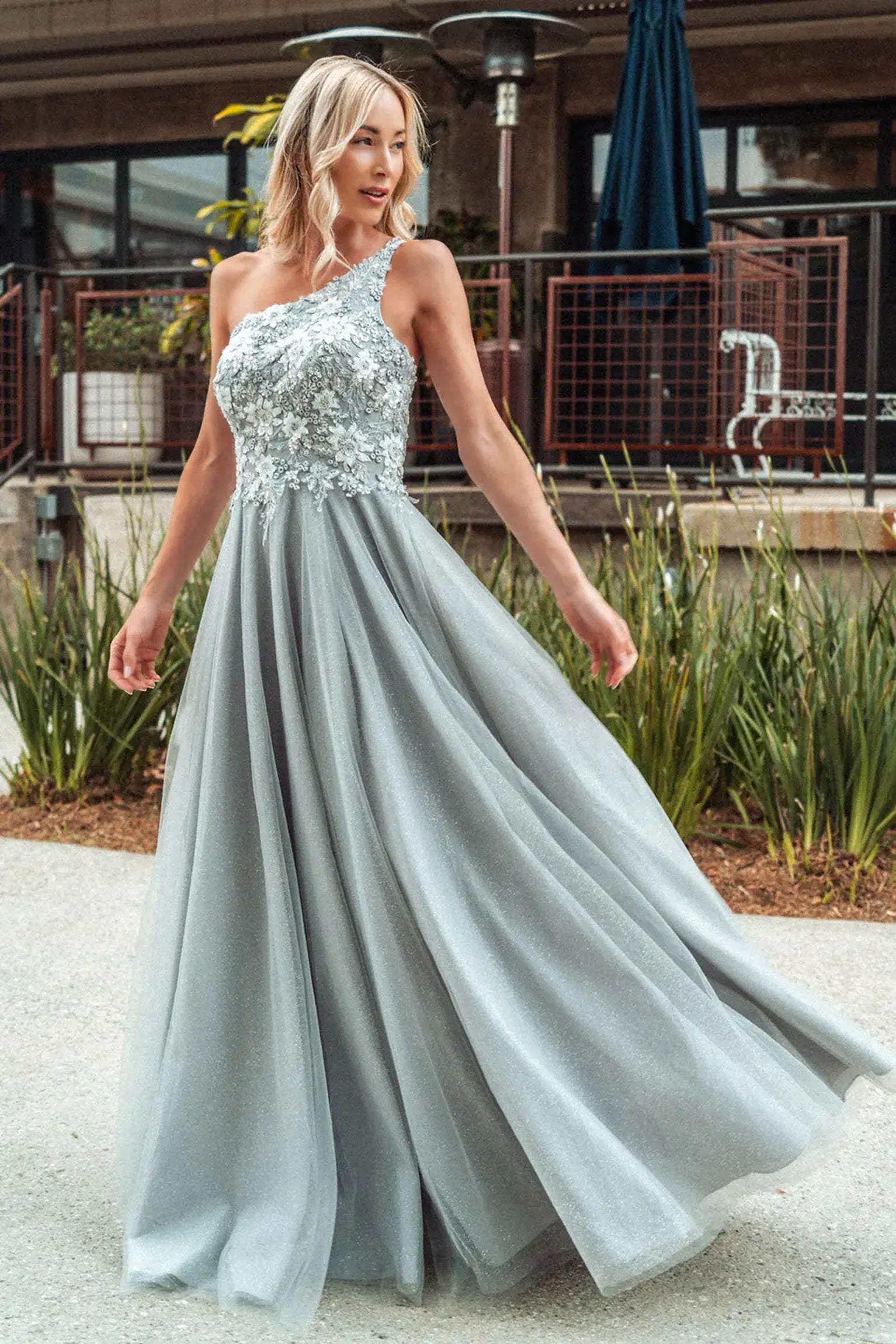 Silver mother of the bride dress featuring mesh skirt with a-line shaping and beads, embroidery, glitter, sequin
