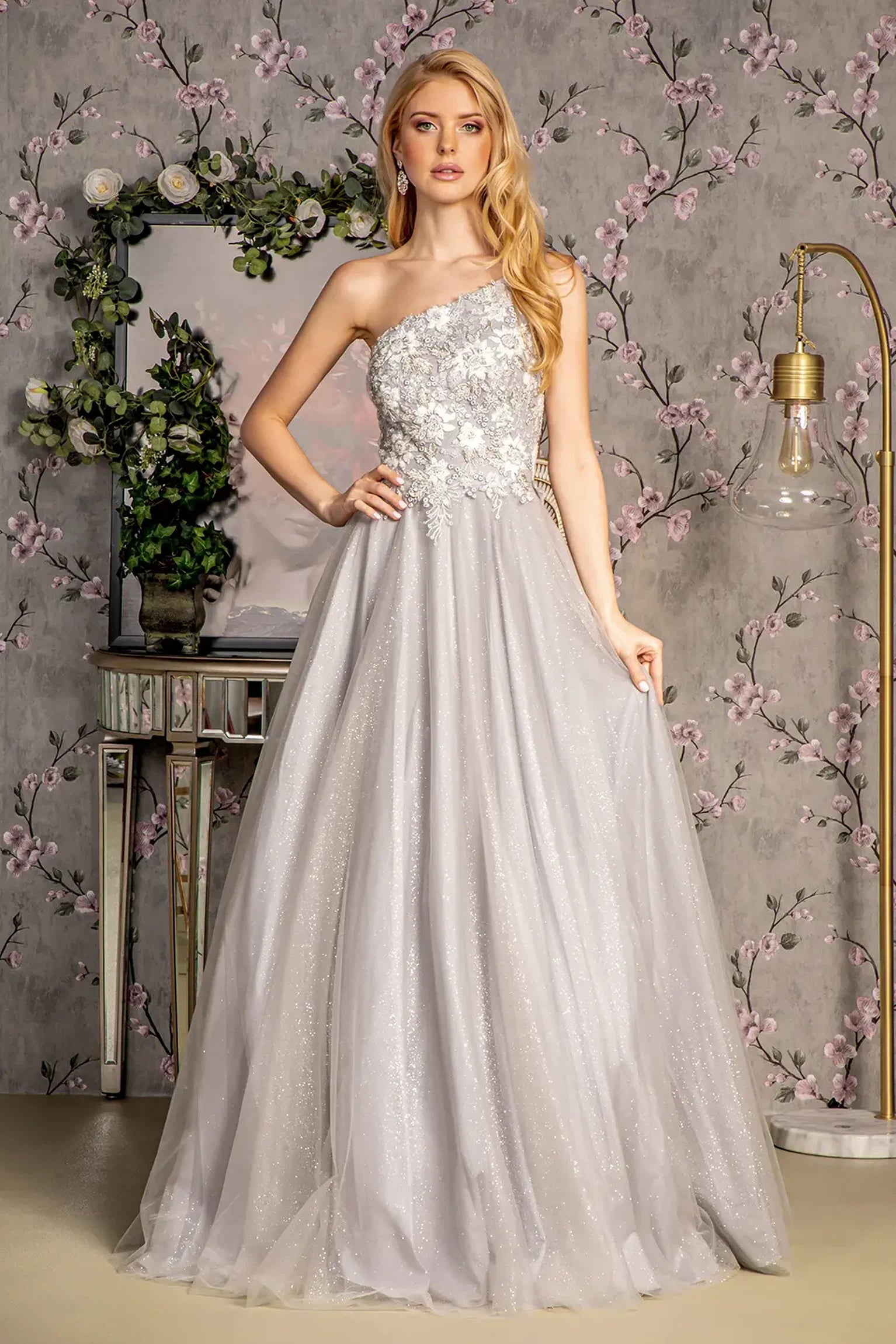 Silver mesh a-line mother of the bride dress with asymmetric