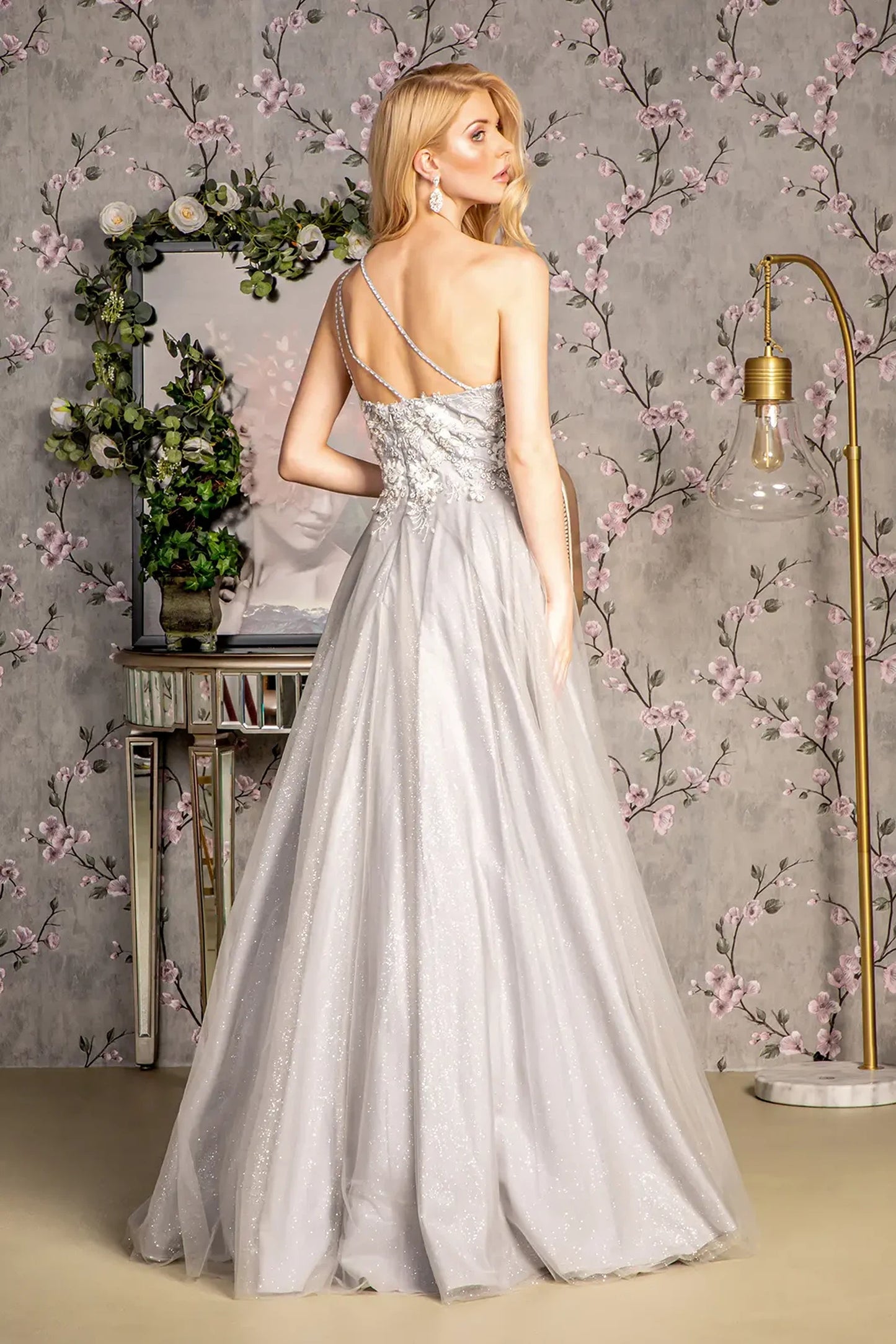 Silver a-line mother of the bride dress with open back and one shoulder