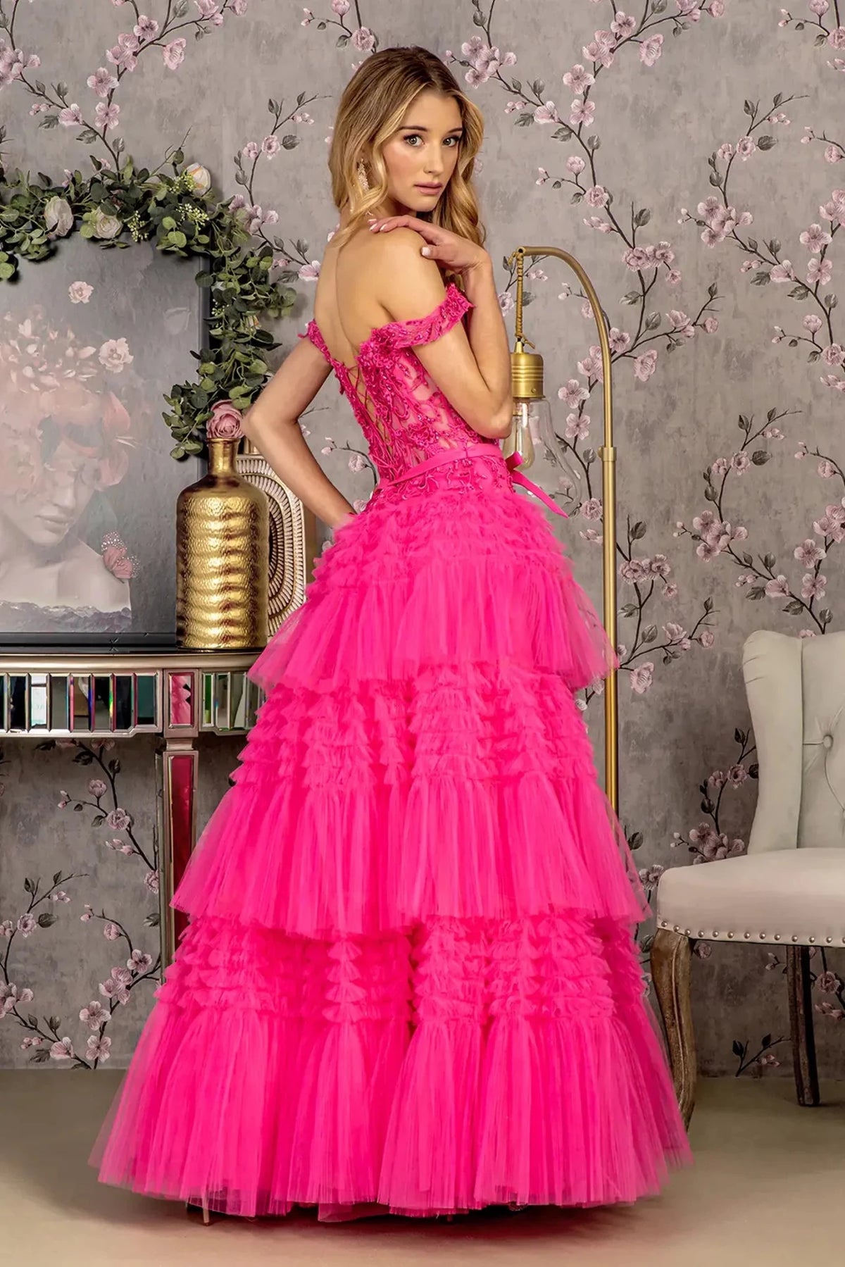 Rear view highlights the lace-up back of the Fuchsia prom evening dress.