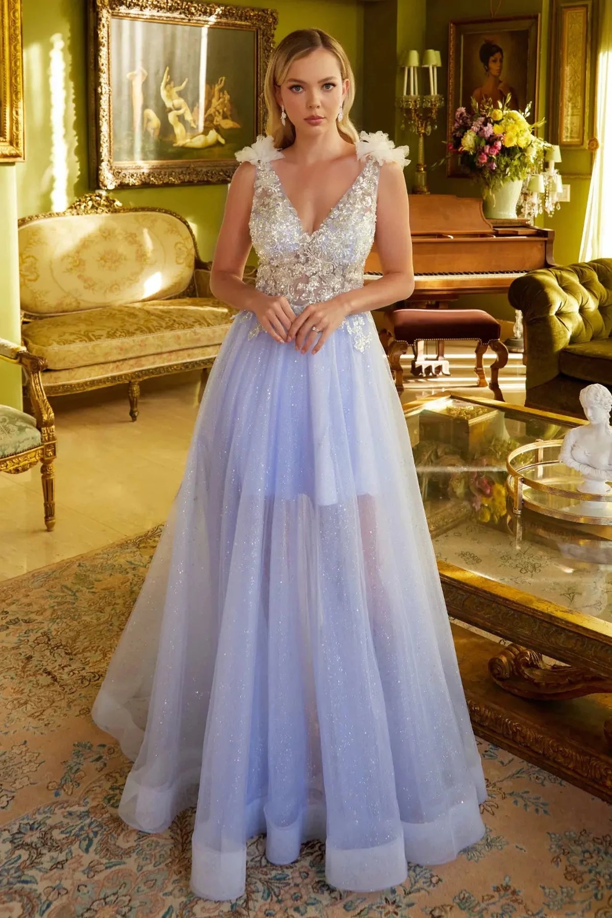 Lilac appliqué prom evening dress full front