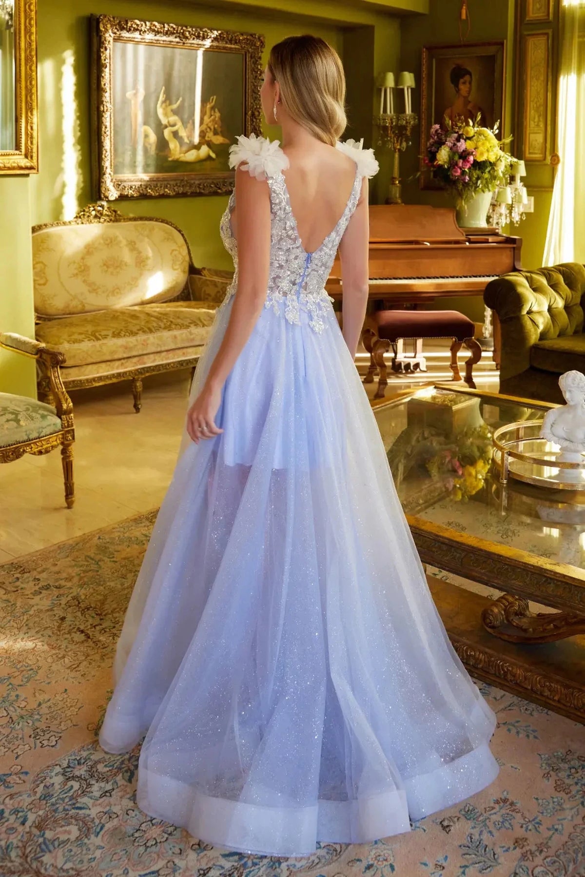 Lilac prom evening dress full back with open back