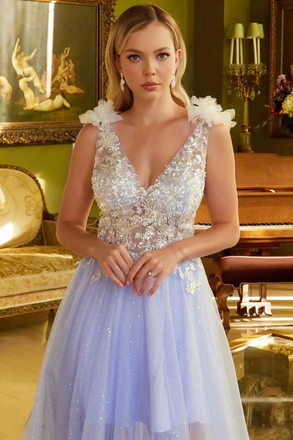 Lilac v-neck prom evening dress upper front with applique, beads, embroidery, glitter, sequin
