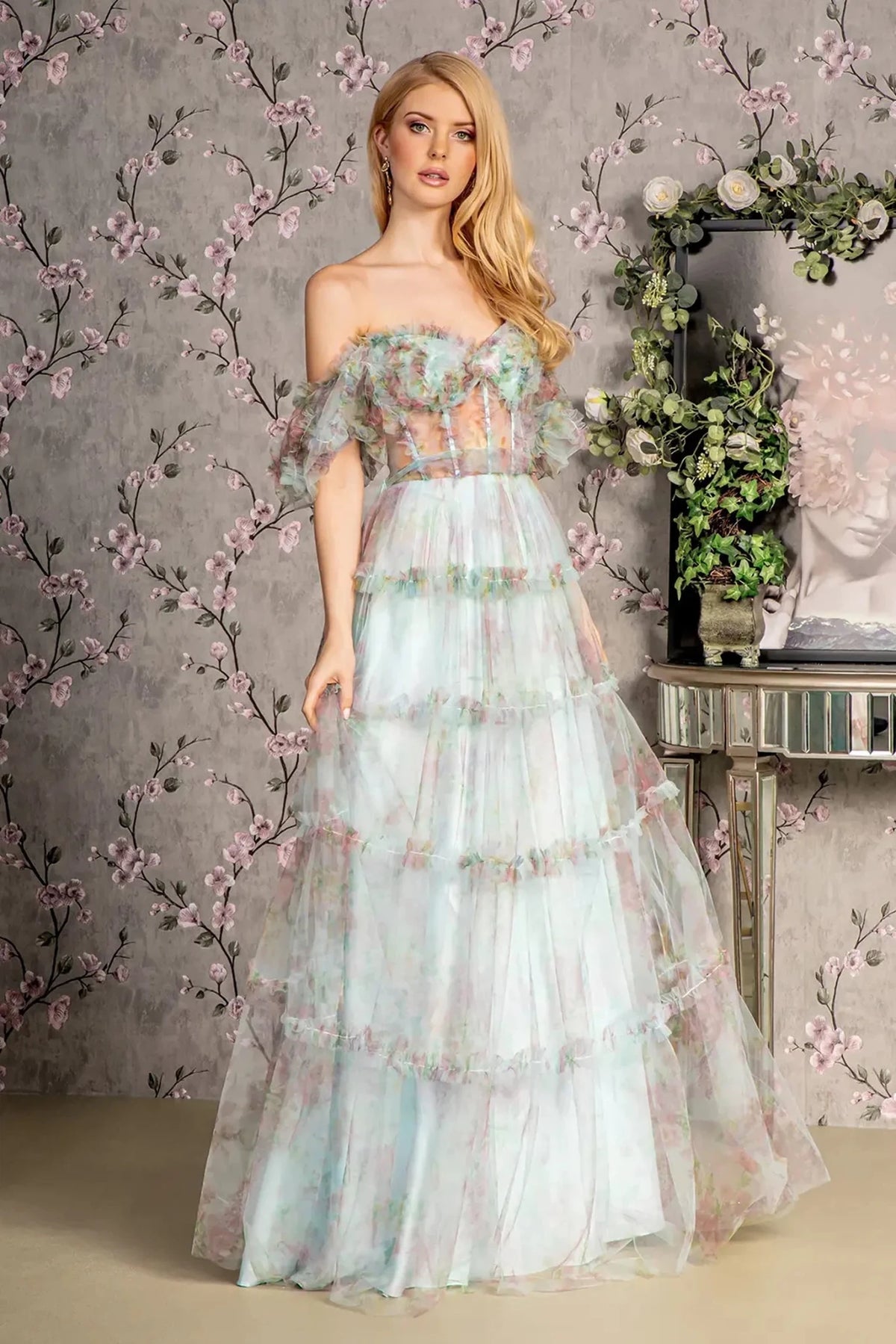 Blue sweetheart off-shoulder prom evening dress full front