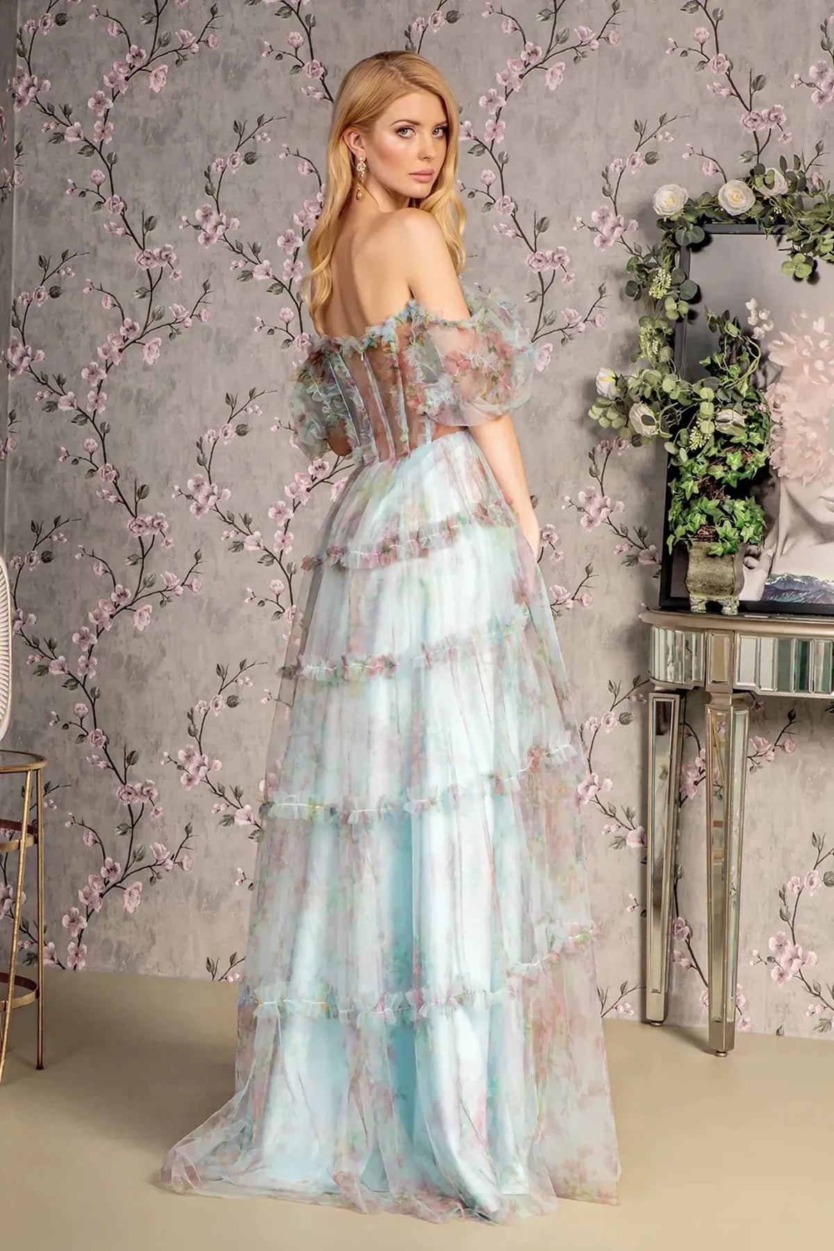 Blue prom evening dress full back with open back