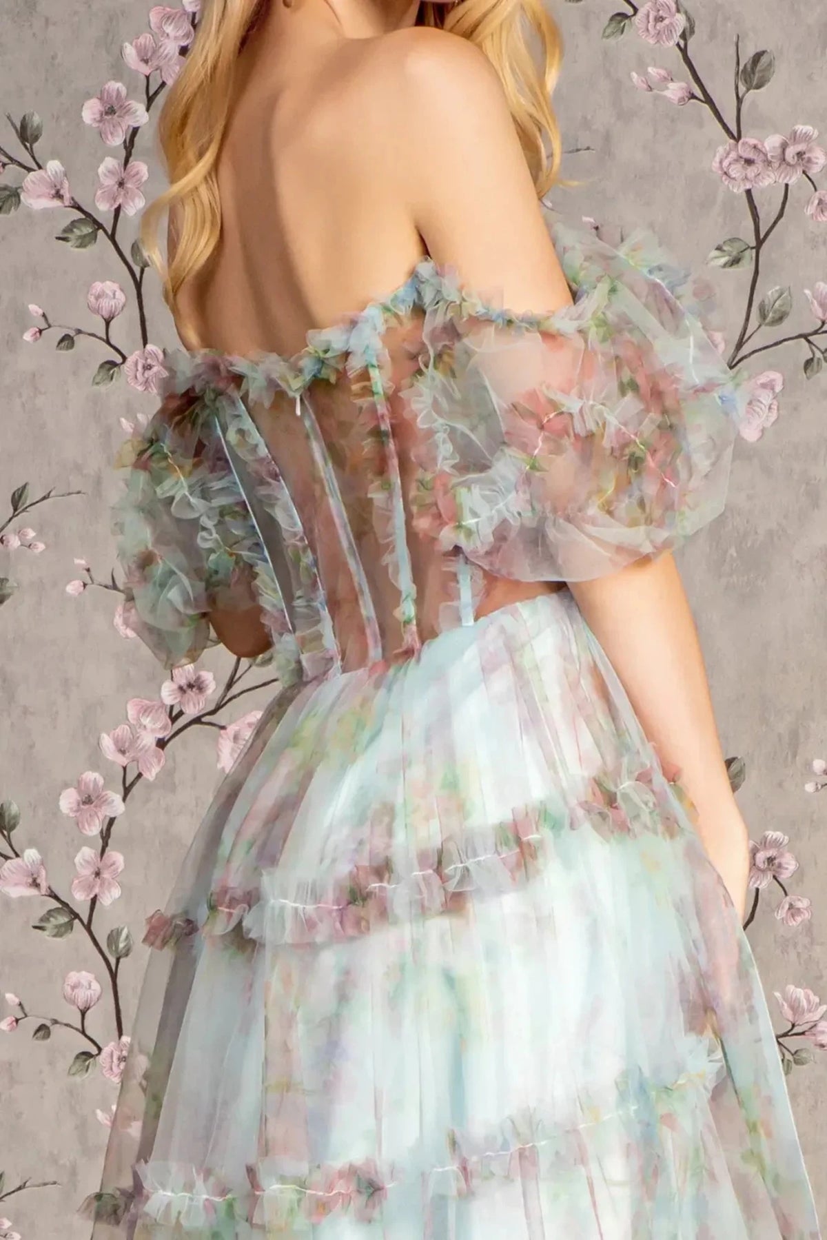 Blue prom evening dress a-line skirt detail
