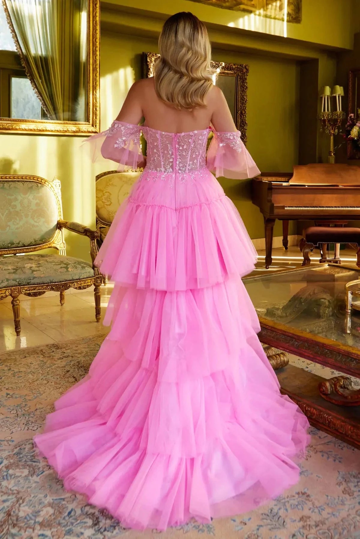 Hot Pink prom evening dress full back with open back