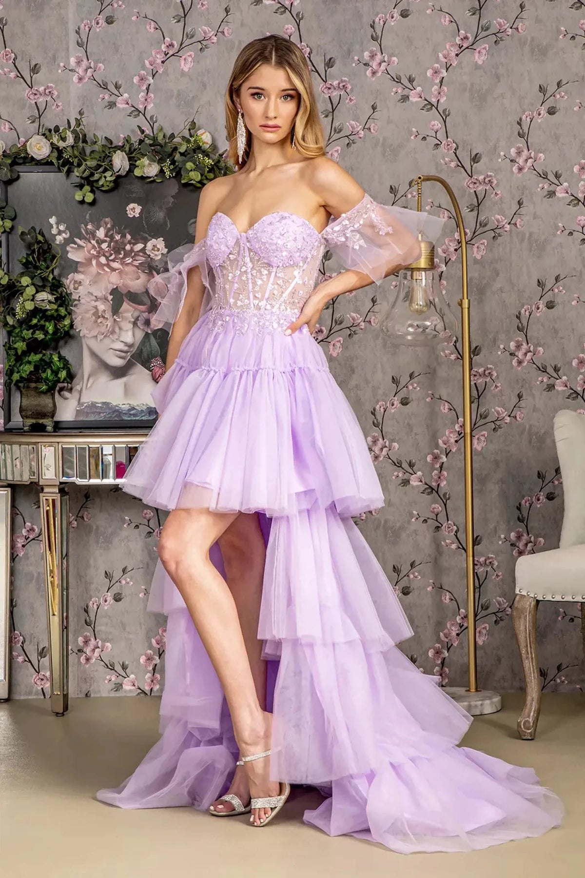 Lilac appliqué off-shoulder prom evening dress full front