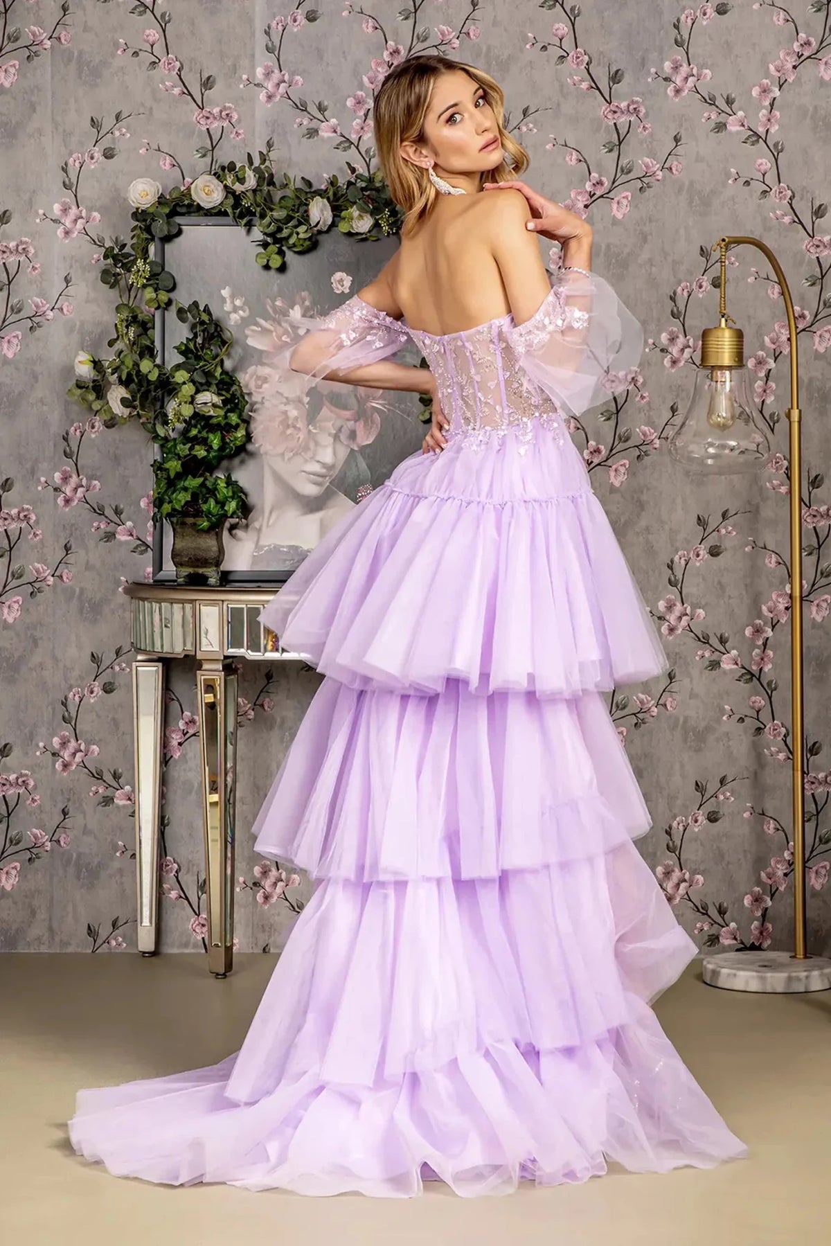 Lilac prom evening dress full back with open back