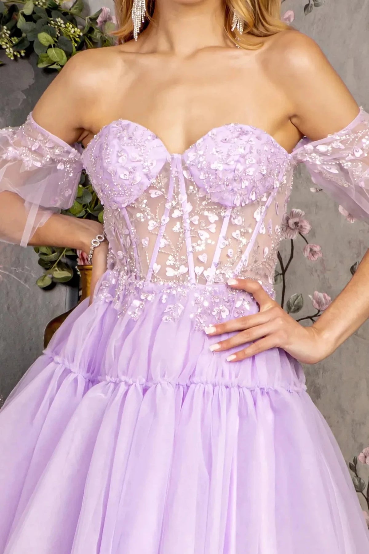 Lilac prom evening dress off-shoulder bodice detail
