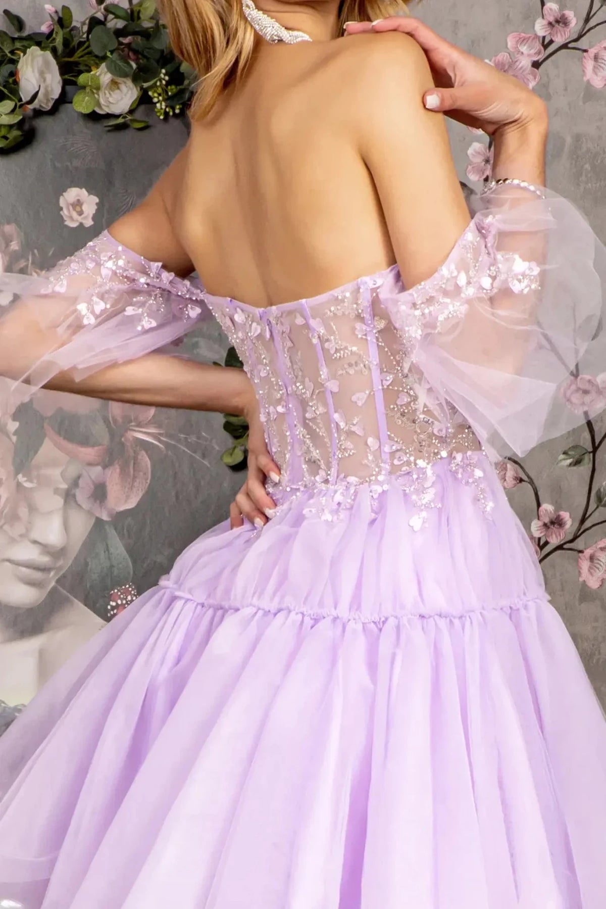 Lilac prom evening dress applique, beads, sequin detail