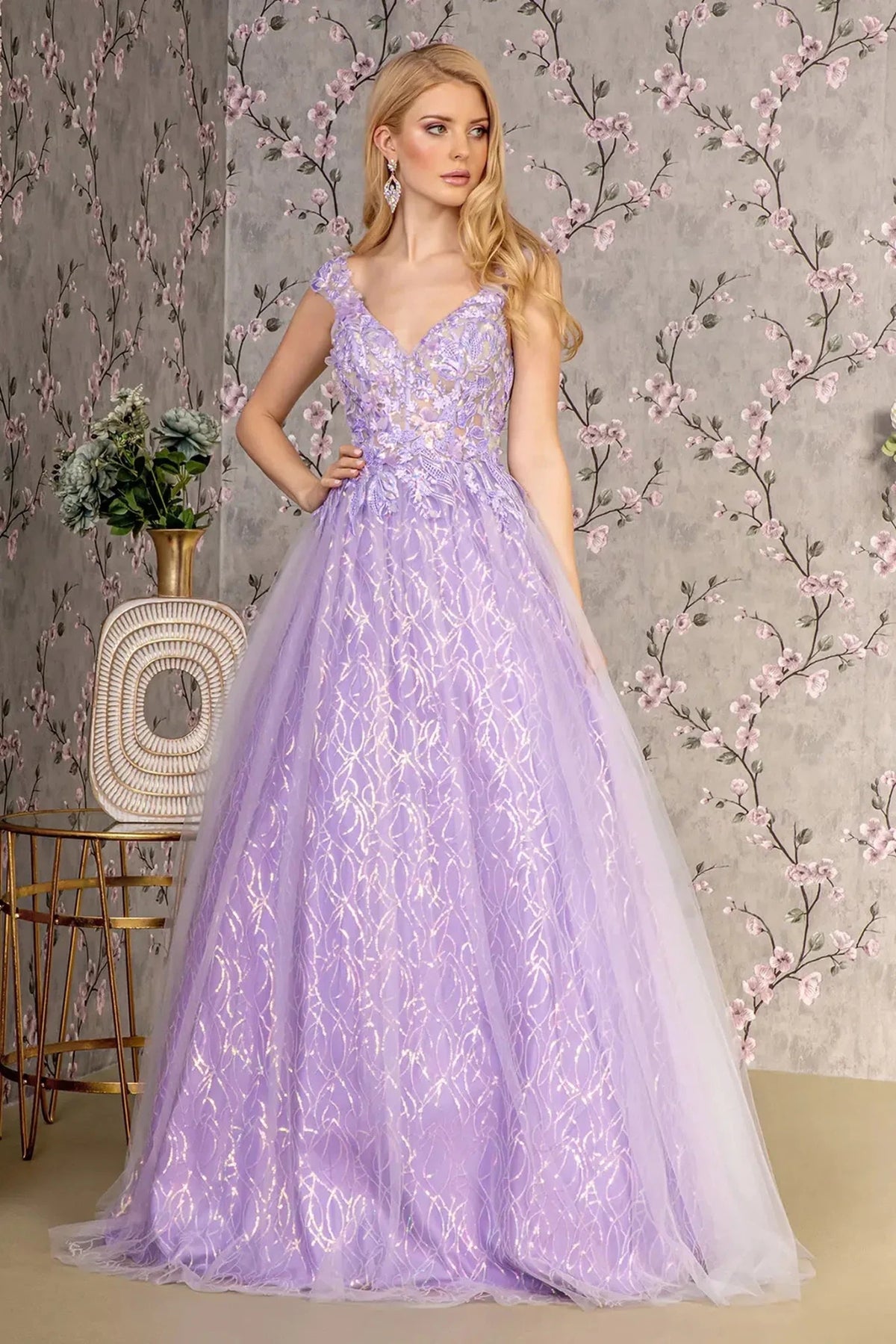 Lilac appliqué prom evening dress full front