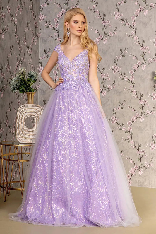 Full-length front view shows appliqué styling on the Lilac prom evening dress.