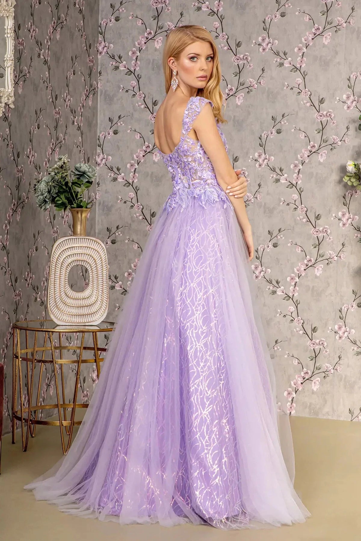 Lilac prom evening dress full back with open back