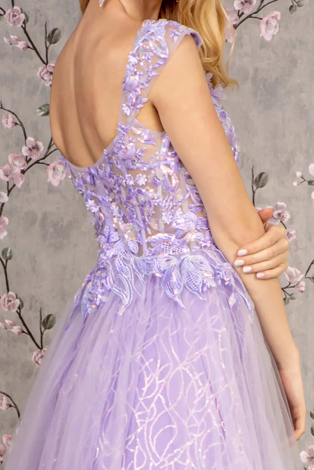 Lilac prom evening dress a-line skirt detail