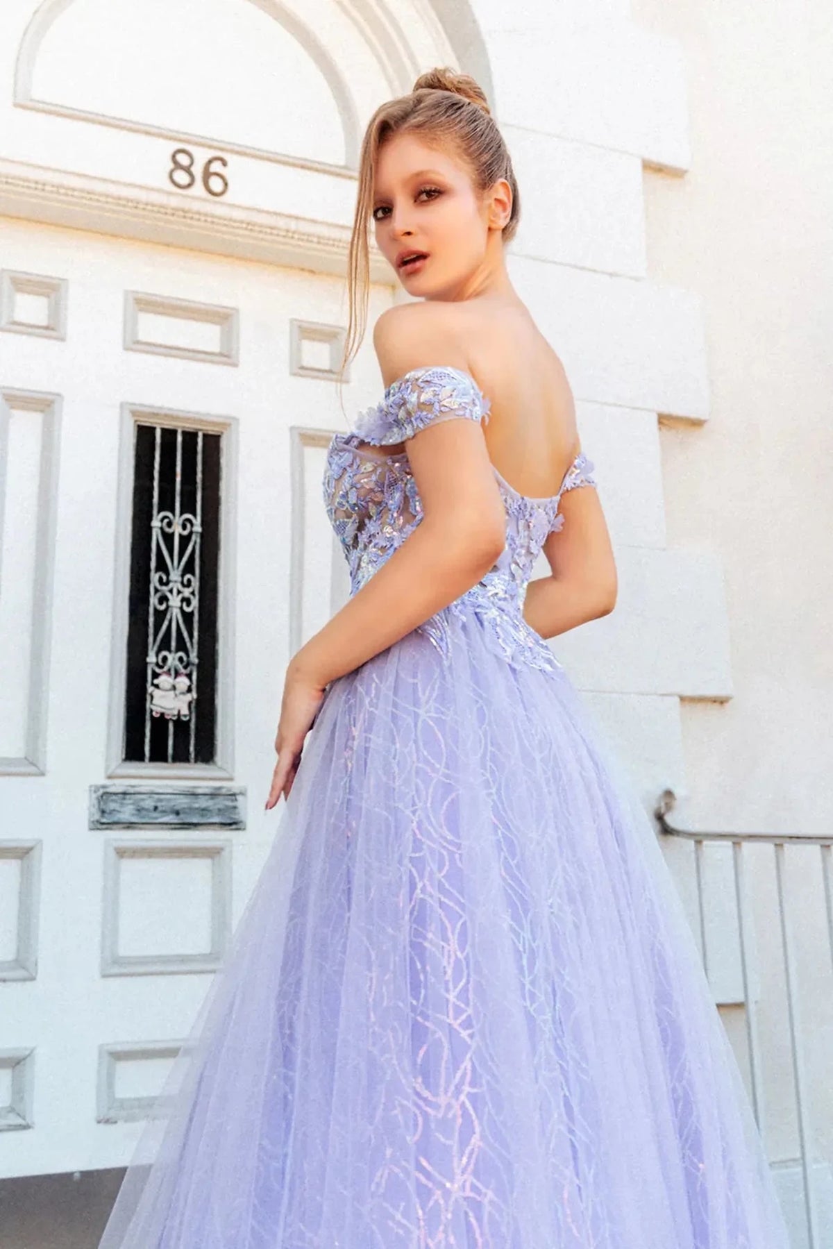 Lilac prom evening dress applique, embroidery, sequin detail